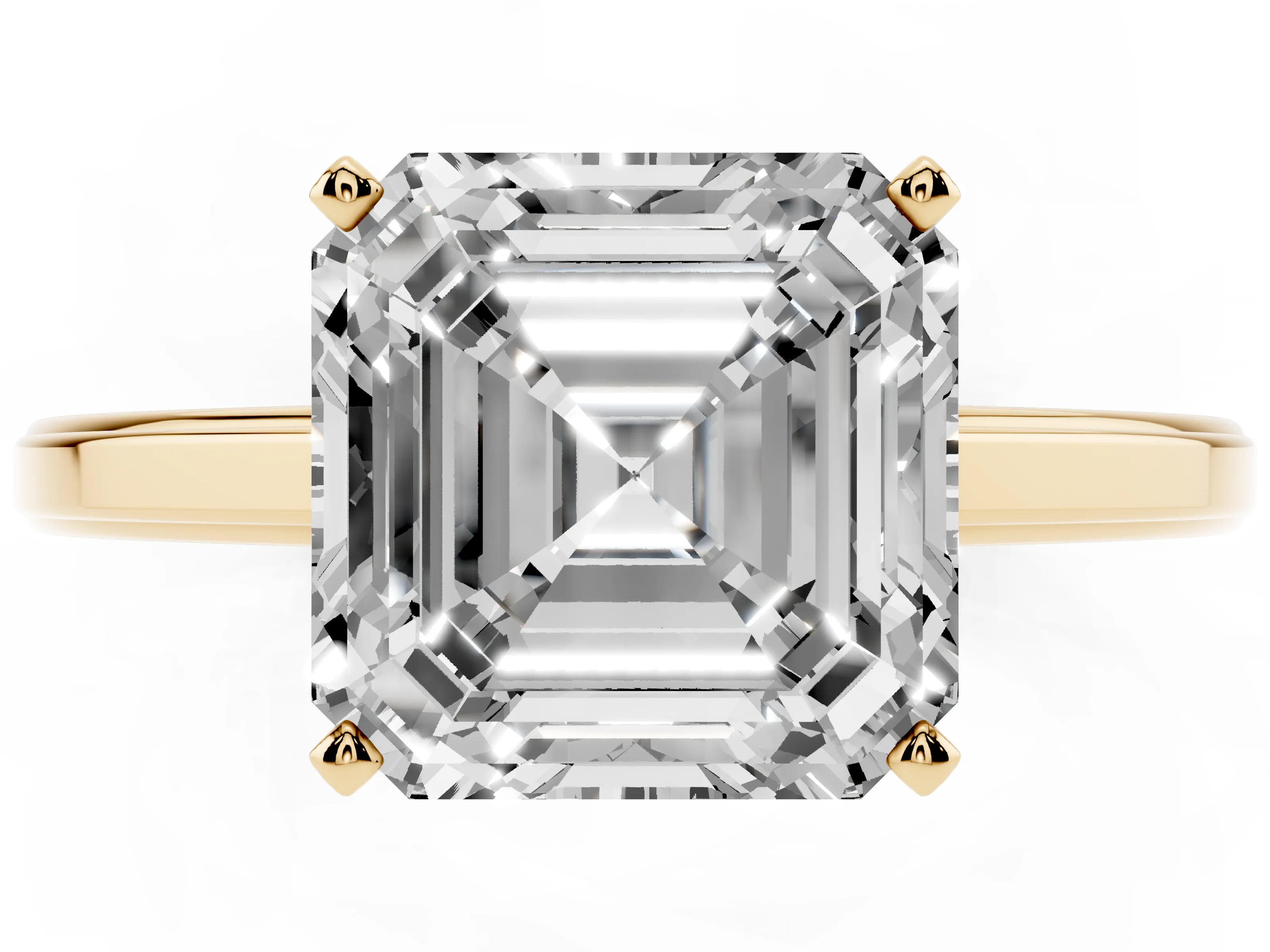 Asscher Cut Diamond Solitaire Ring Set in Yellow gold with Prong Setting and Classic Band
