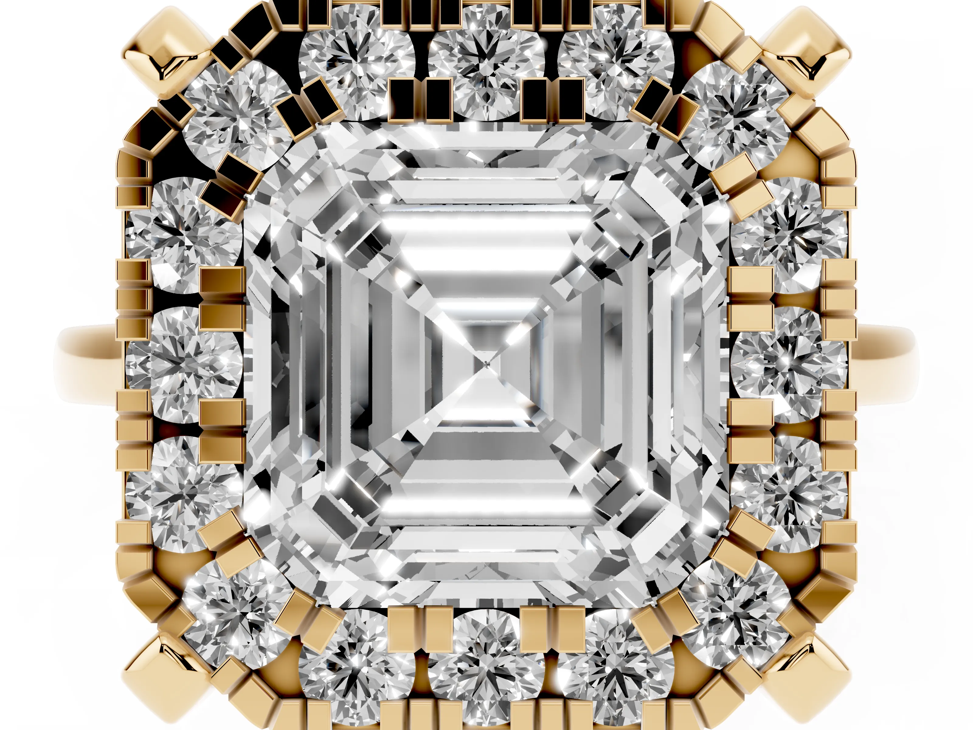 Asscher Cut Diamond Cluster Halo Solitaire Ring Set in Yellow gold with Prong Setting