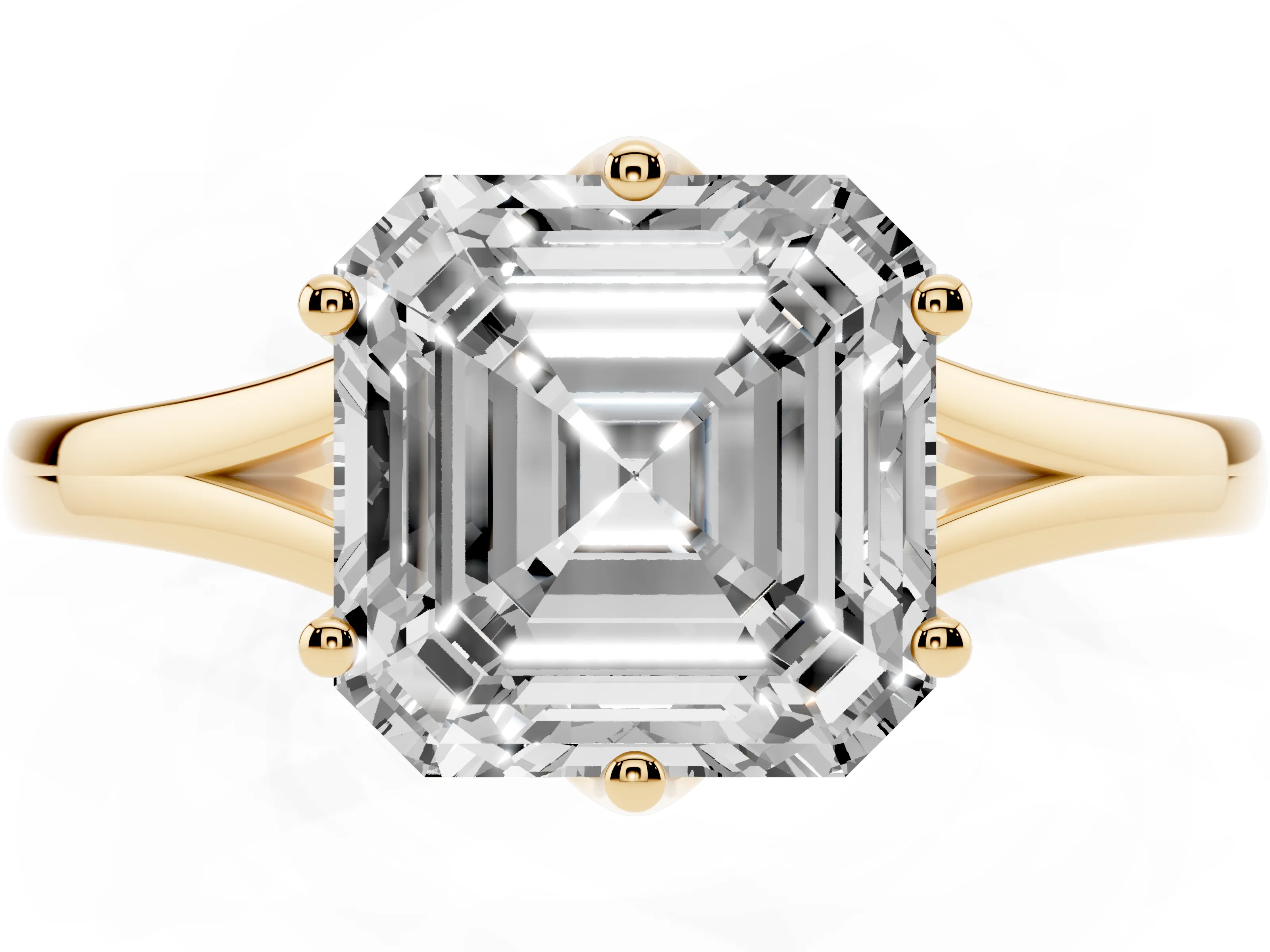 Asscher Cut Diamond Solitaire Ring Set in Yellow gold with Polished Tapered Band and Prong Setting