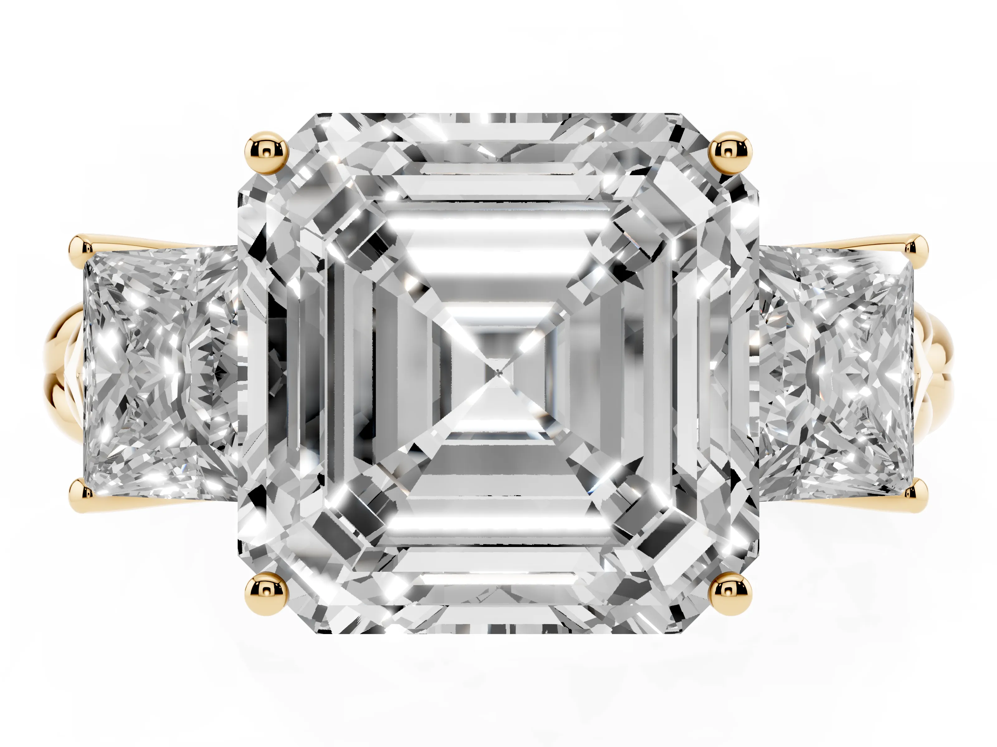 Asscher Cut Diamond Three-Stone Ring Set in Yellow gold with Braided Band