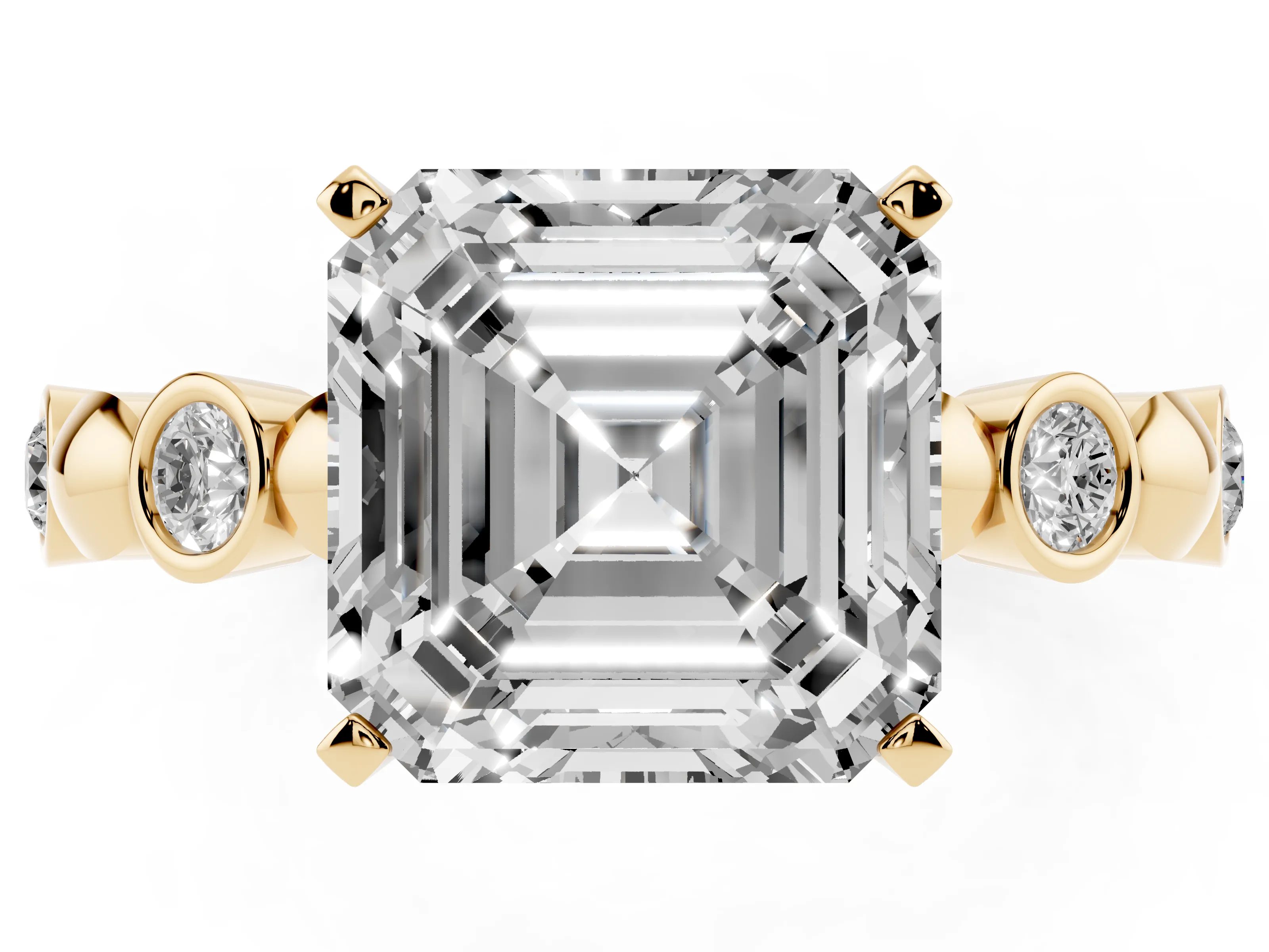 Asscher Cut Diamond Solitaire Ring Set in Yellow gold with Bezel-Set Accents on Beaded Band and Prong Setting