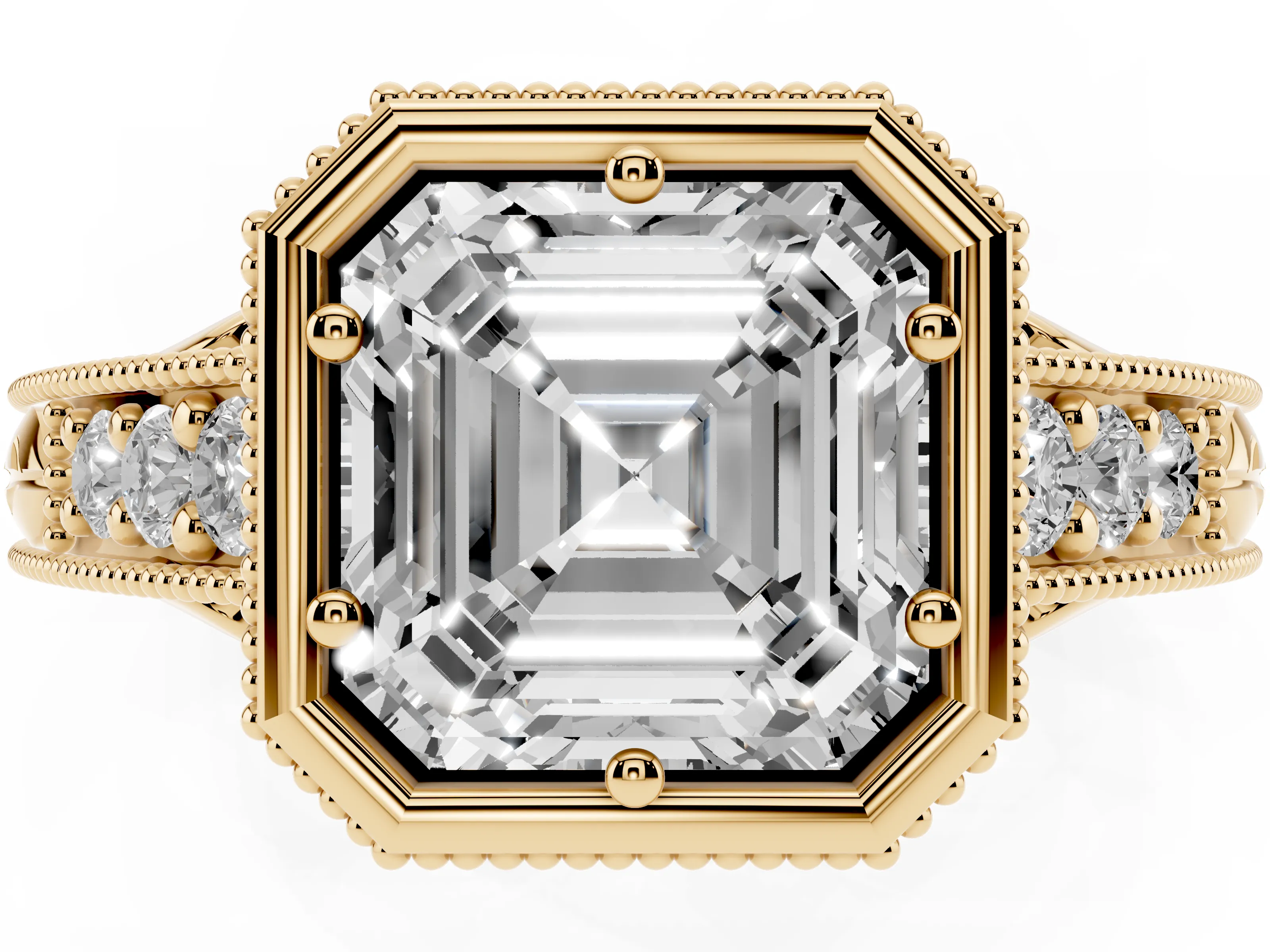 Bezel Set Asscher Cut Diamond Milgrain Pavé Engagement Ring Set in Yellow gold