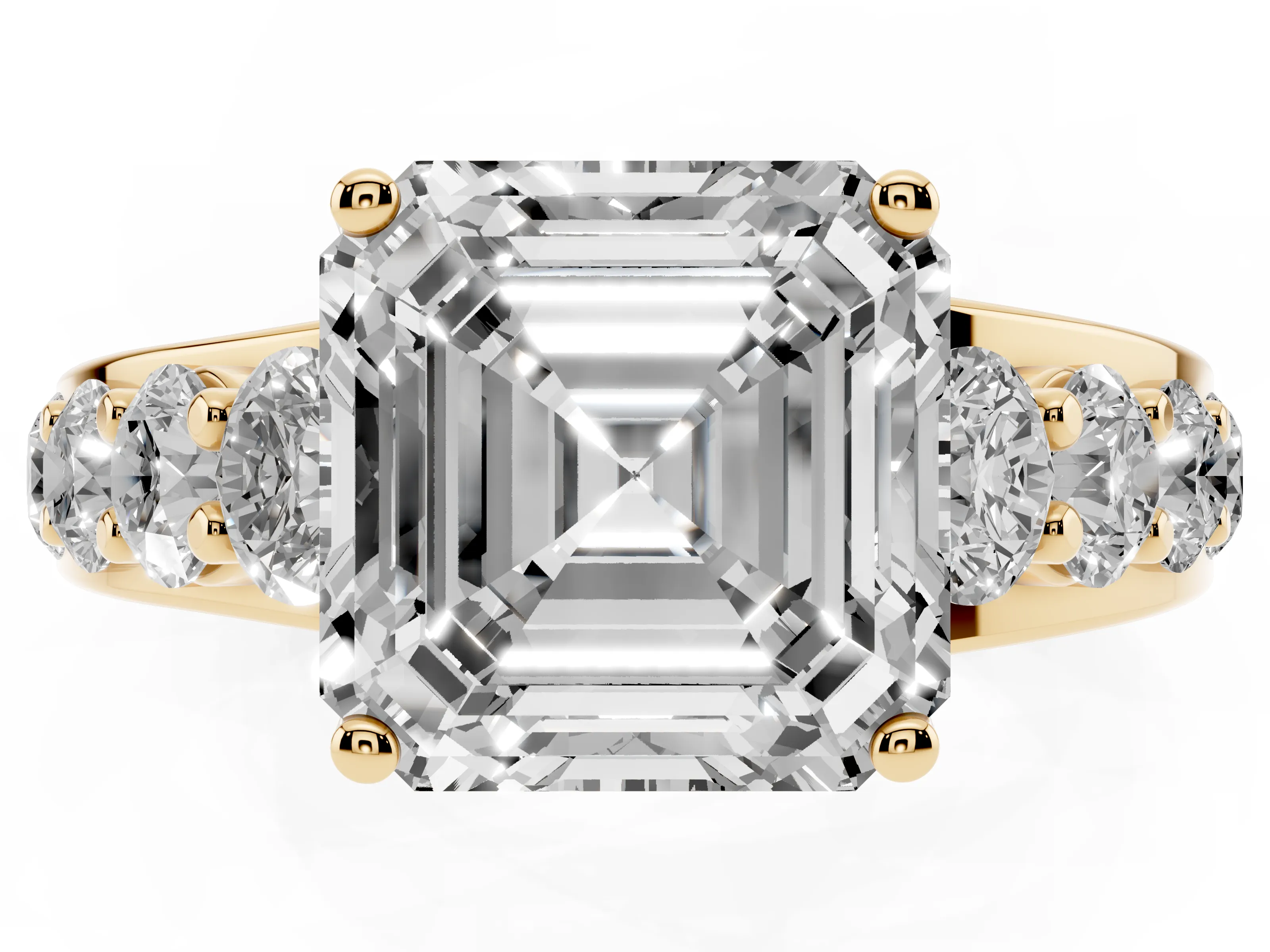 Asscher Cut Diamond Pavé Engagement Ring Set in Yellow gold with Prong Setting