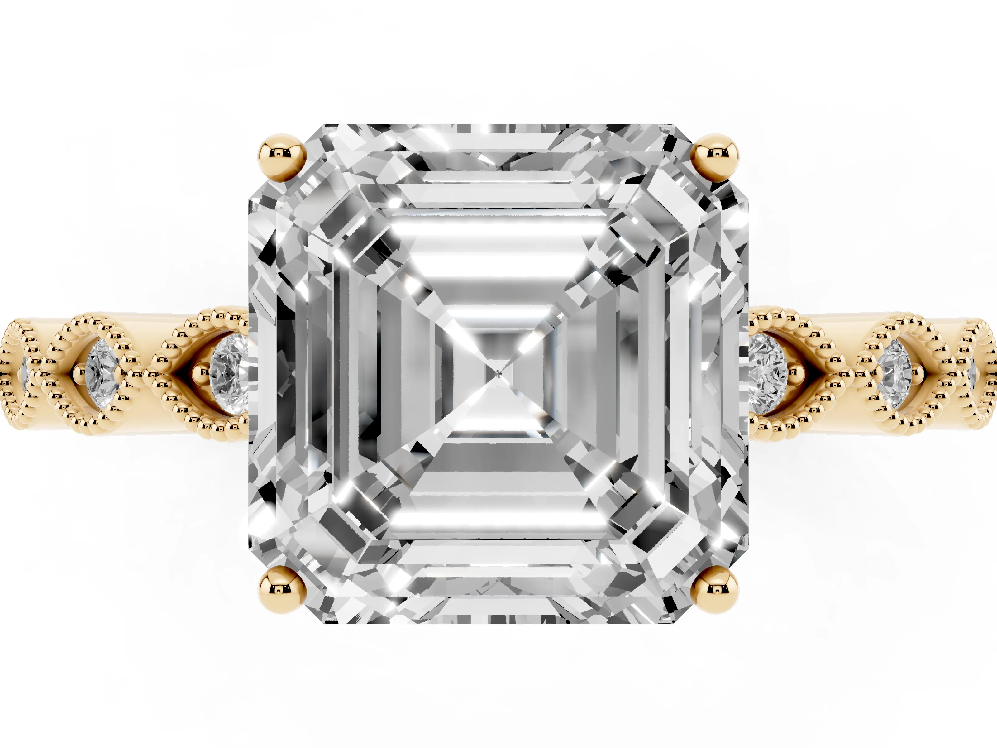 Asscher Cut Diamond Solitaire Ring Set in Yellow gold with Infinity Twist Pavé Band