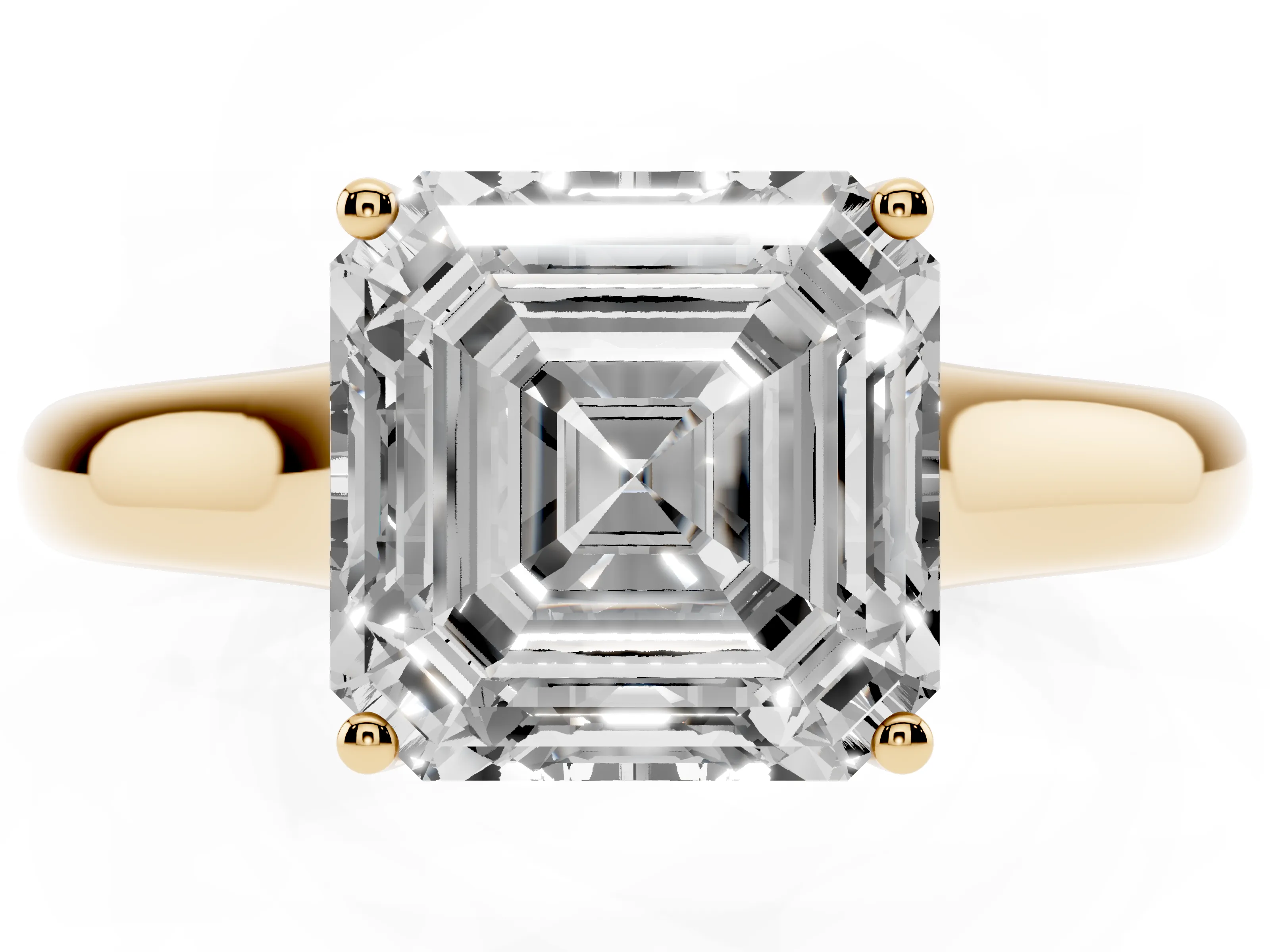 Asscher Cut Diamond Solitaire Engagement Ring Set in Yellow gold with Subtly Tapered Band and Prong Setting