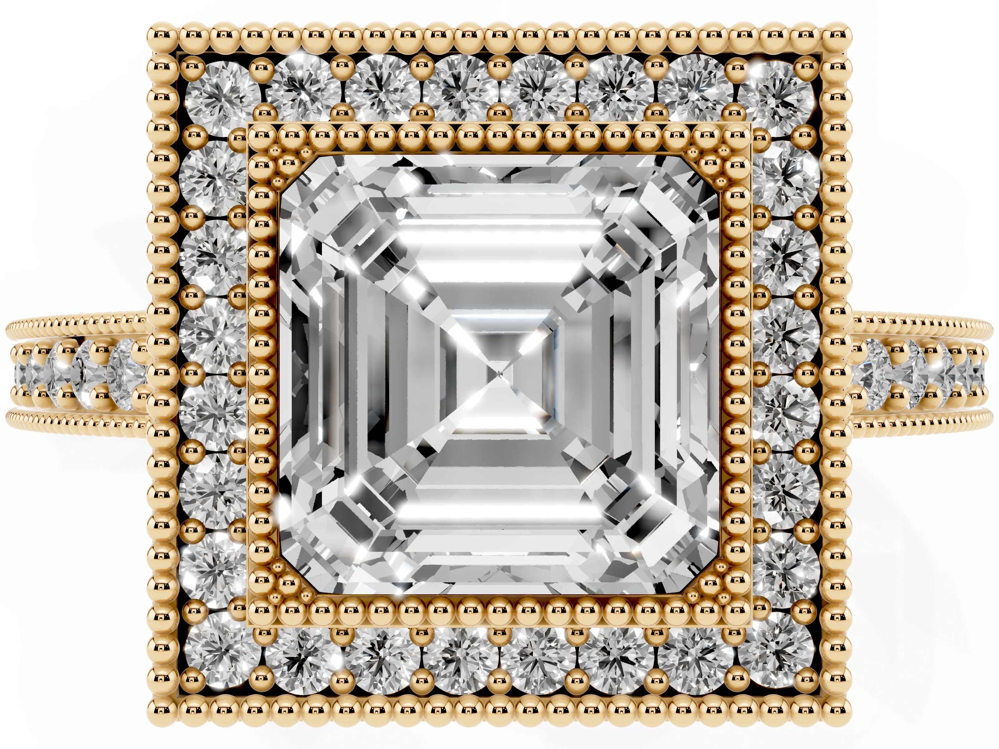 Asscher Cut Diamond Halo Engagement Ring Set in Yellow gold with Pavé Band and Round Halo Stones