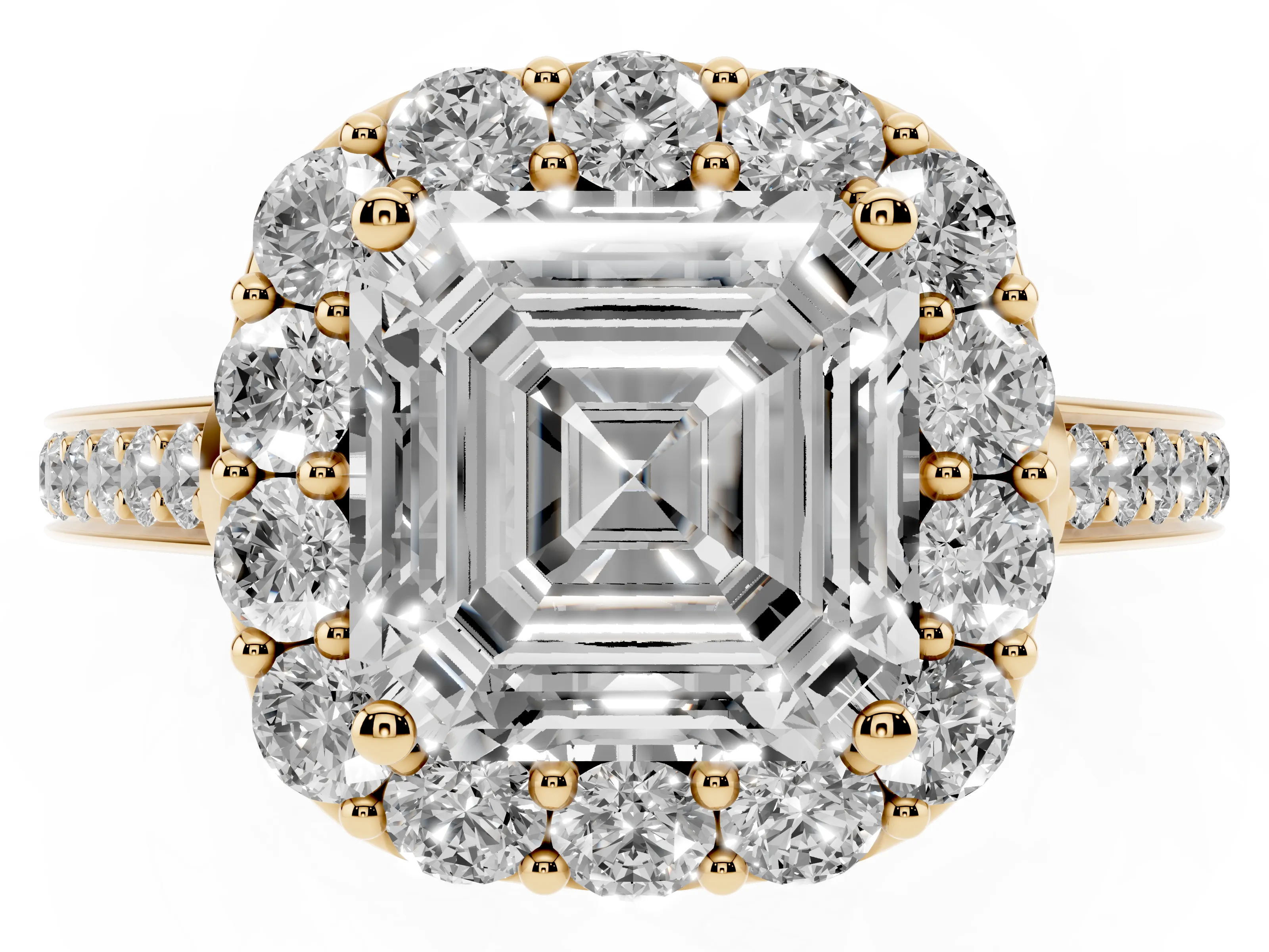 Asscher Cut Diamond Floral Halo Ring Set in Yellow gold with Pavé Band and Prong Setting