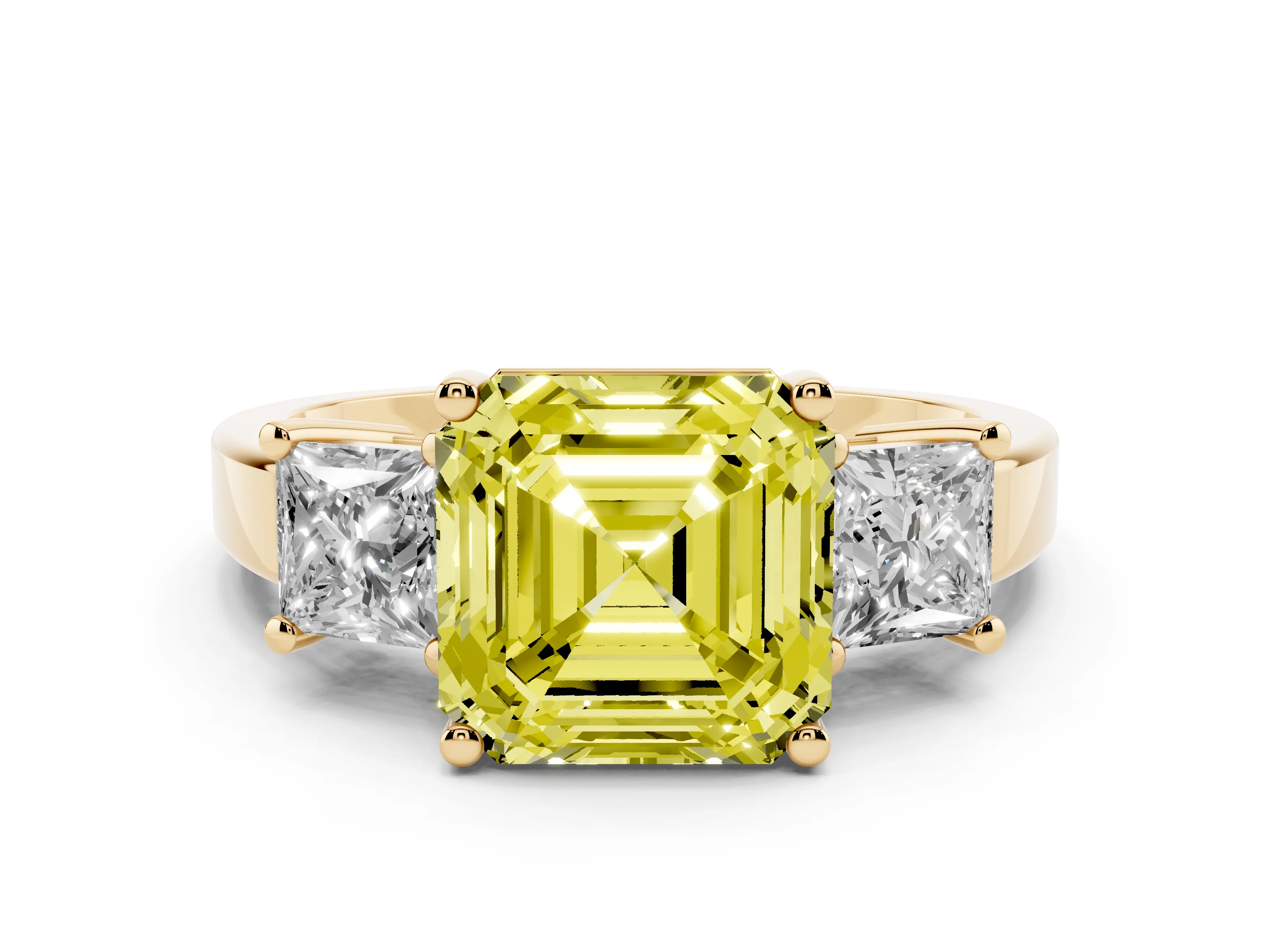 Fancy Yellow Three-Stone Asscher Cut Diamond Solitaire Ring Set in Yellow gold with Prong Setting