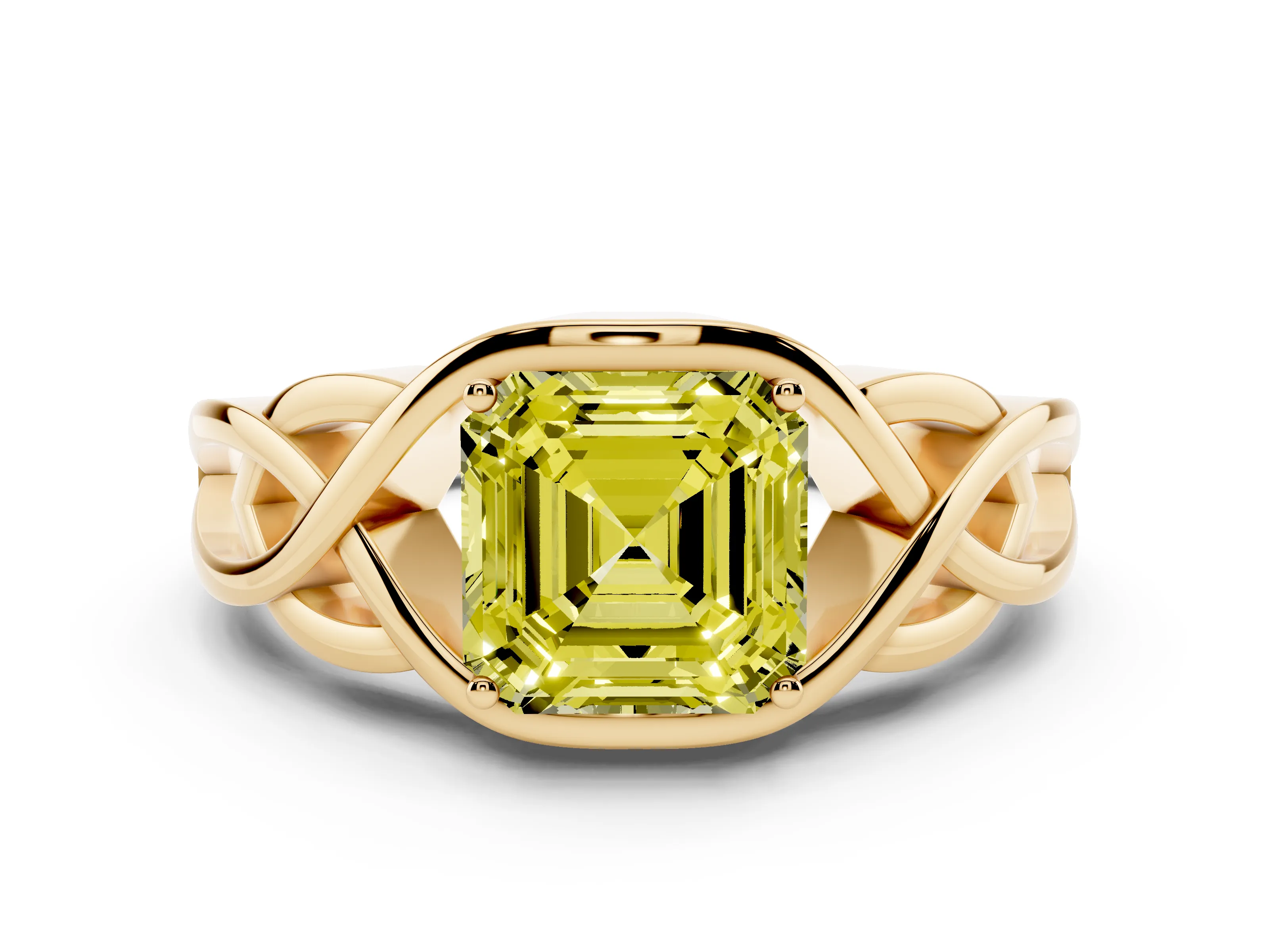 Fancy Yellow Asscher Cut Diamond Solitaire Ring Set in Yellow gold with Intertwined Band