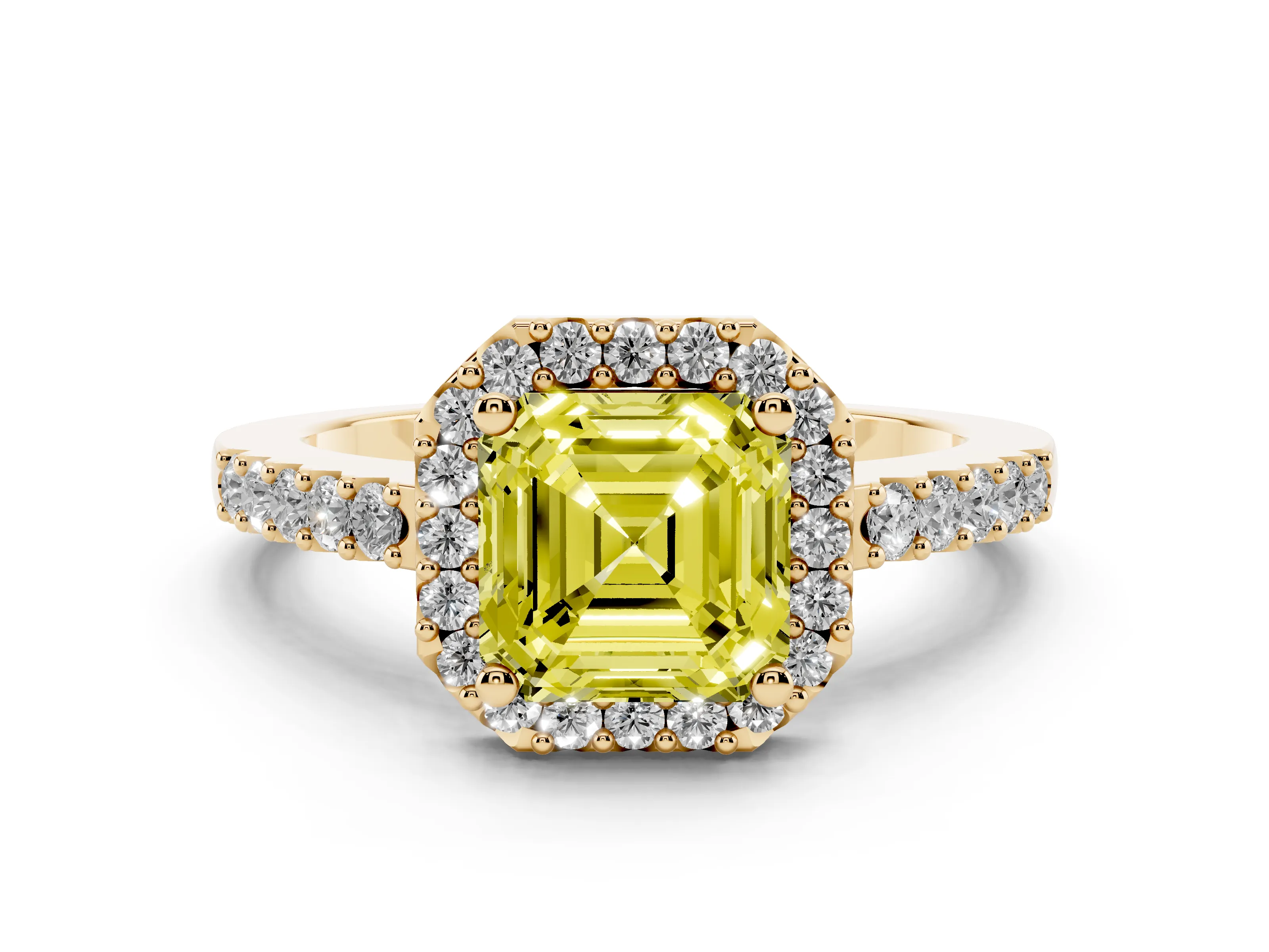 Fancy Yellow Asscher Cut Diamond Halo Pavé Solitaire Ring Set in Yellow gold with Prong-Set Center Stone