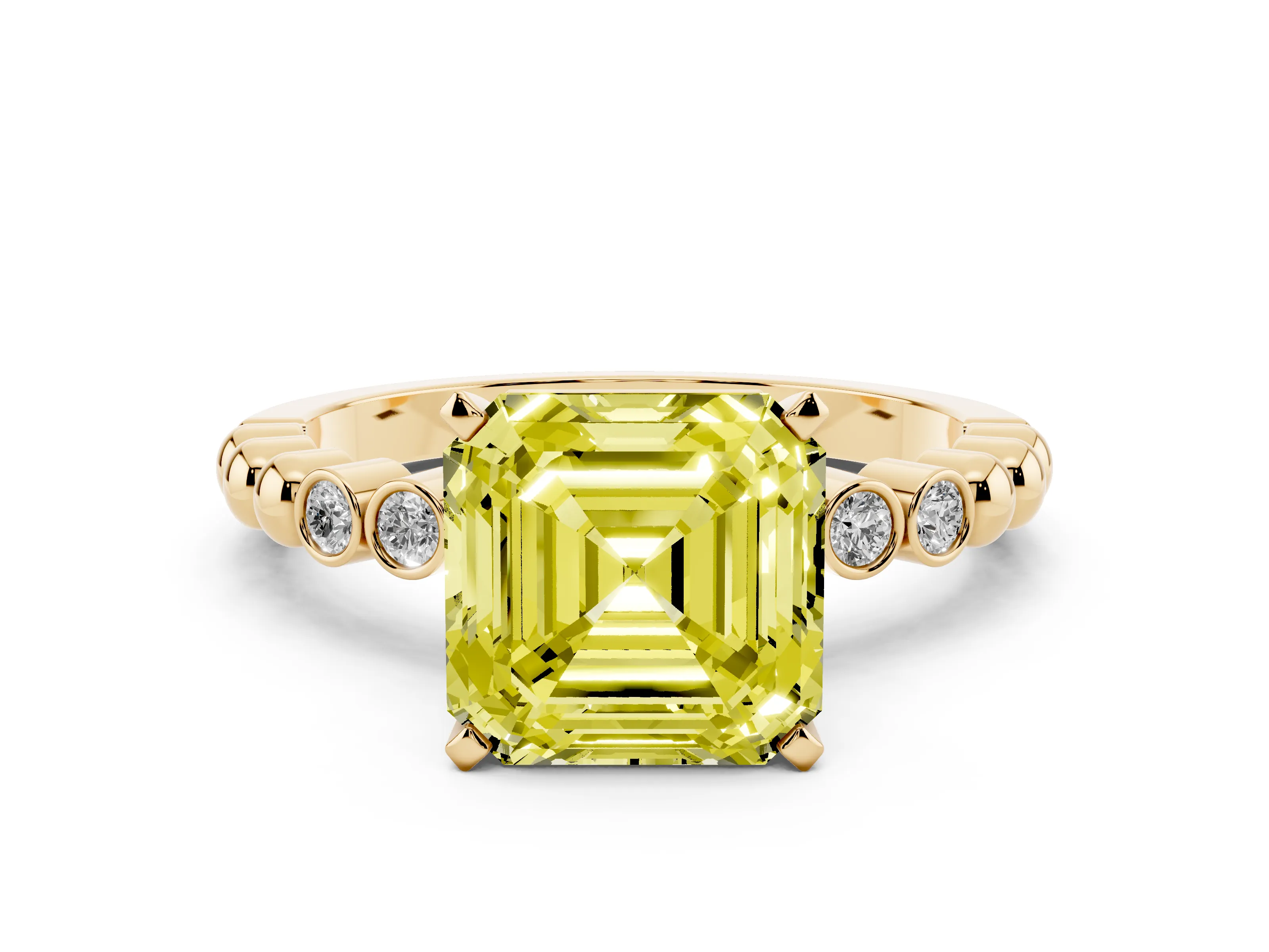 Fancy Yellow Asscher Cut Diamond Solitaire Engagement Ring Set in Yellow gold with Bezel Accents on Beaded Band