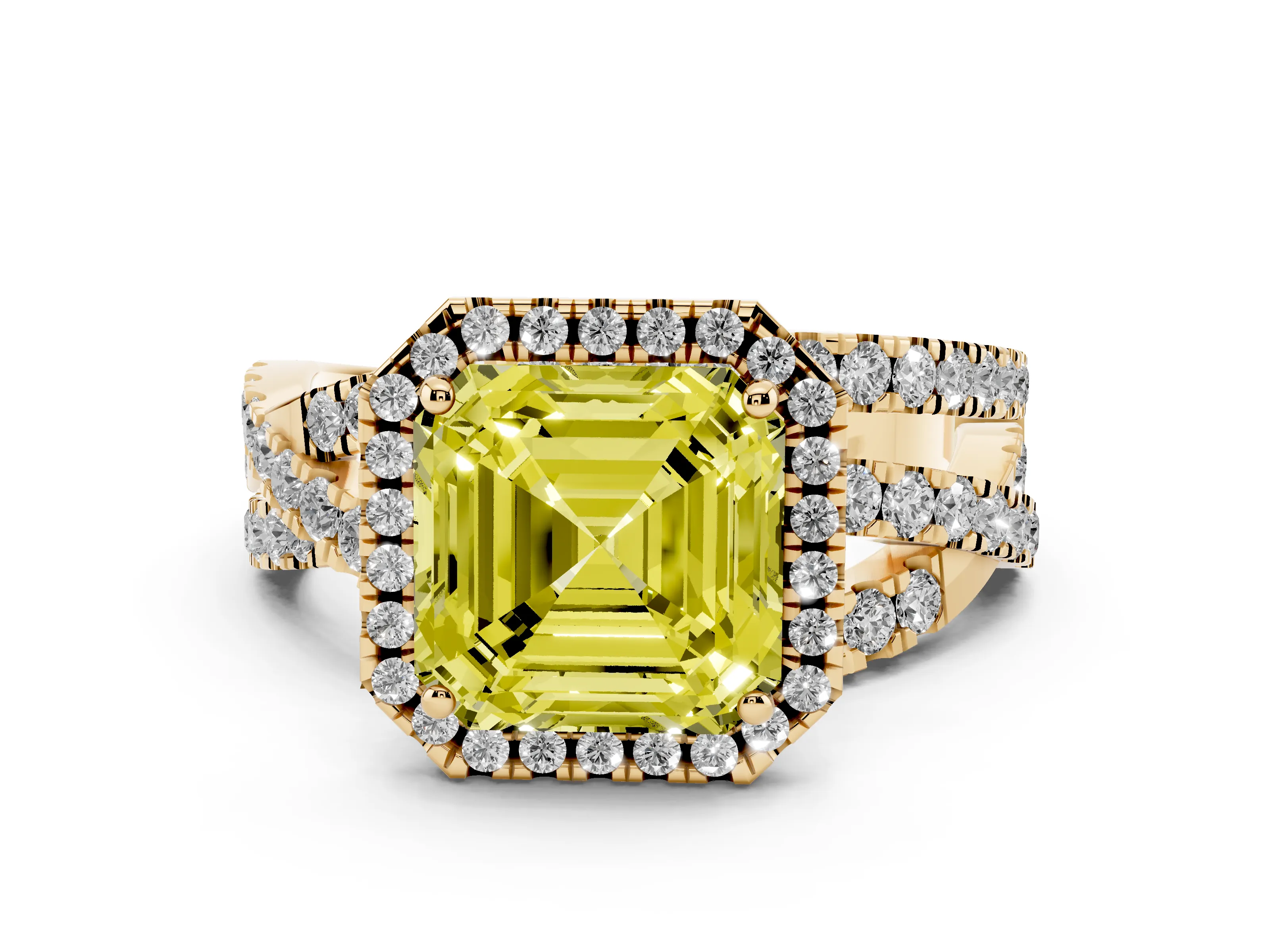 Fancy Yellow Asscher Cut Diamond Halo Ring Set in Yellow gold with Round Crossover Split Shank and Prong Setting