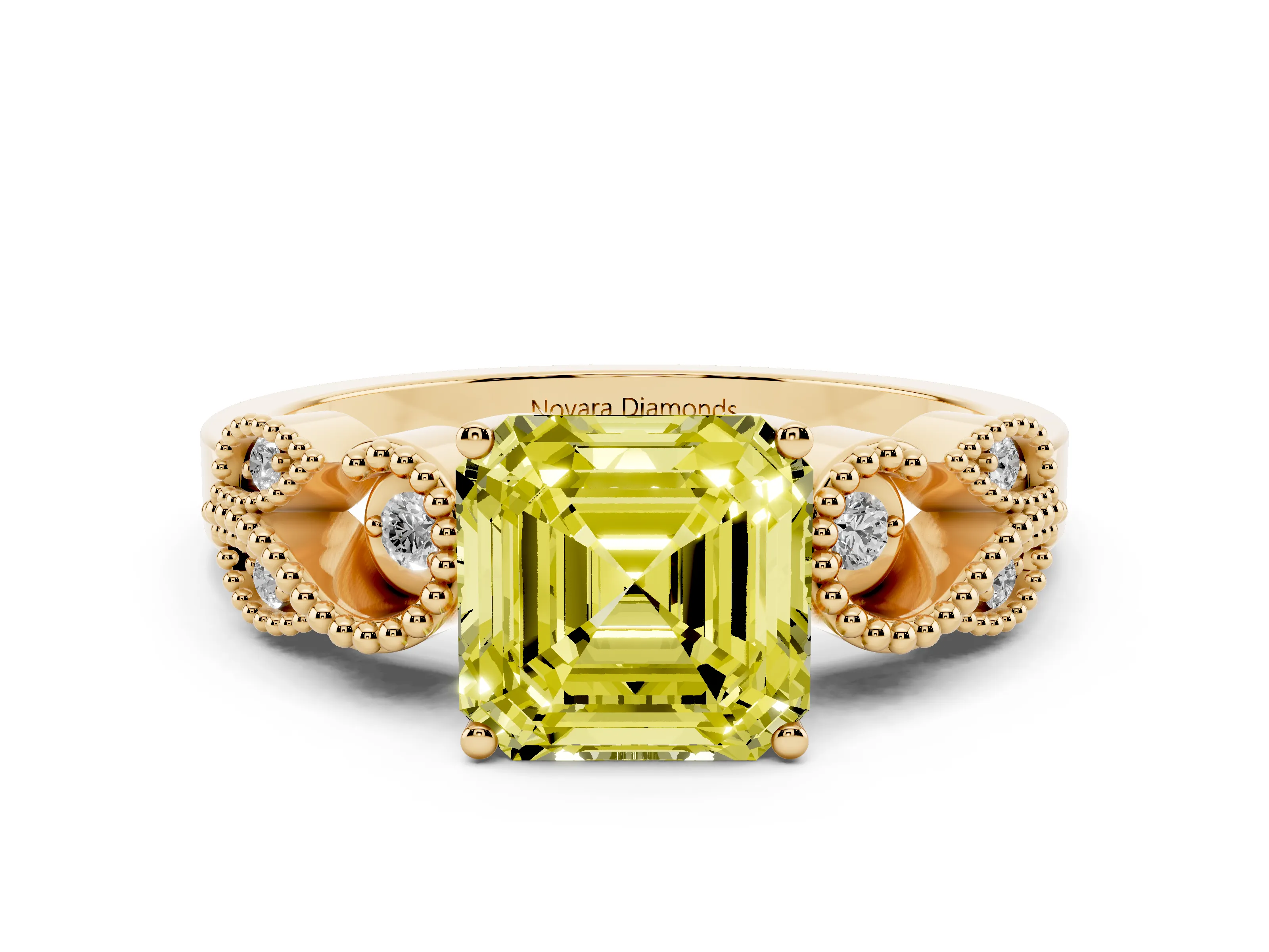 Fancy Yellow Asscher Cut Diamond Milgrain Leaf Band Solitaire Ring Set in Yellow gold with Accent Stones and Prong Setting
