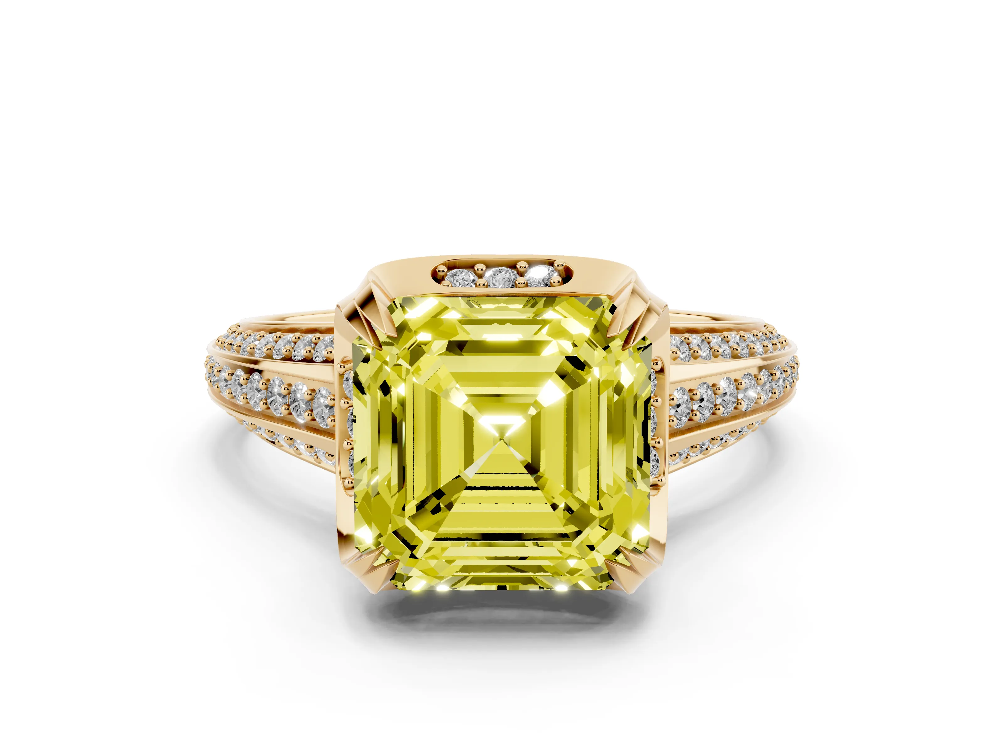 Fancy Yellow Asscher Cut Diamond Pavé Split Shank Solitaire Ring Set in Yellow gold with Prong Setting