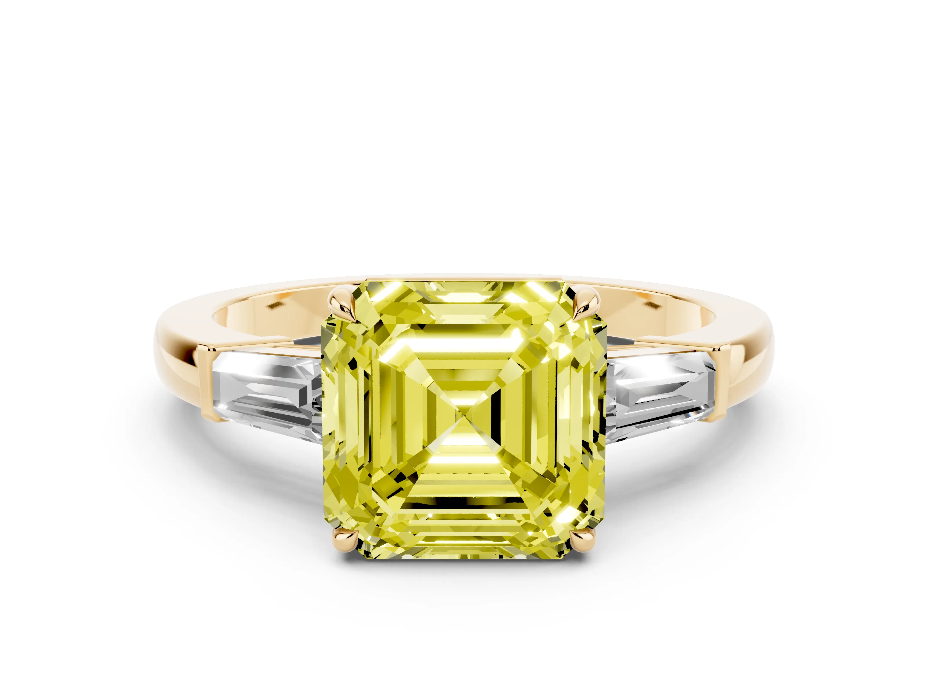 Fancy Yellow Asscher Cut Diamond Three-Stone Ring Set in Yellow gold with Tapered Baguette Side Stones and Prong Setting