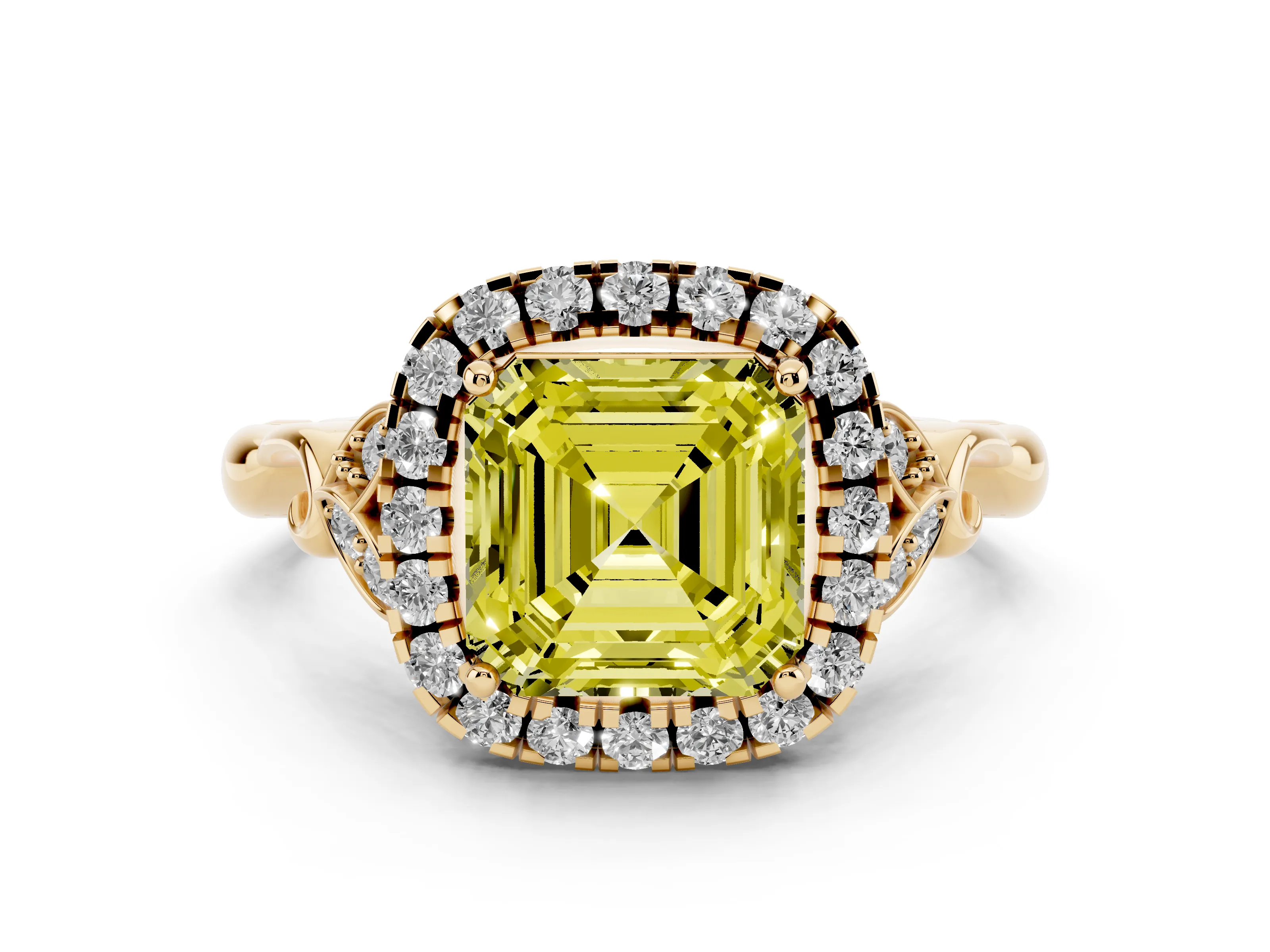 Fancy Yellow Asscher Cut Diamond Halo Engagement Ring Set in Yellow gold with Vintage-Inspired Band and Prong Setting