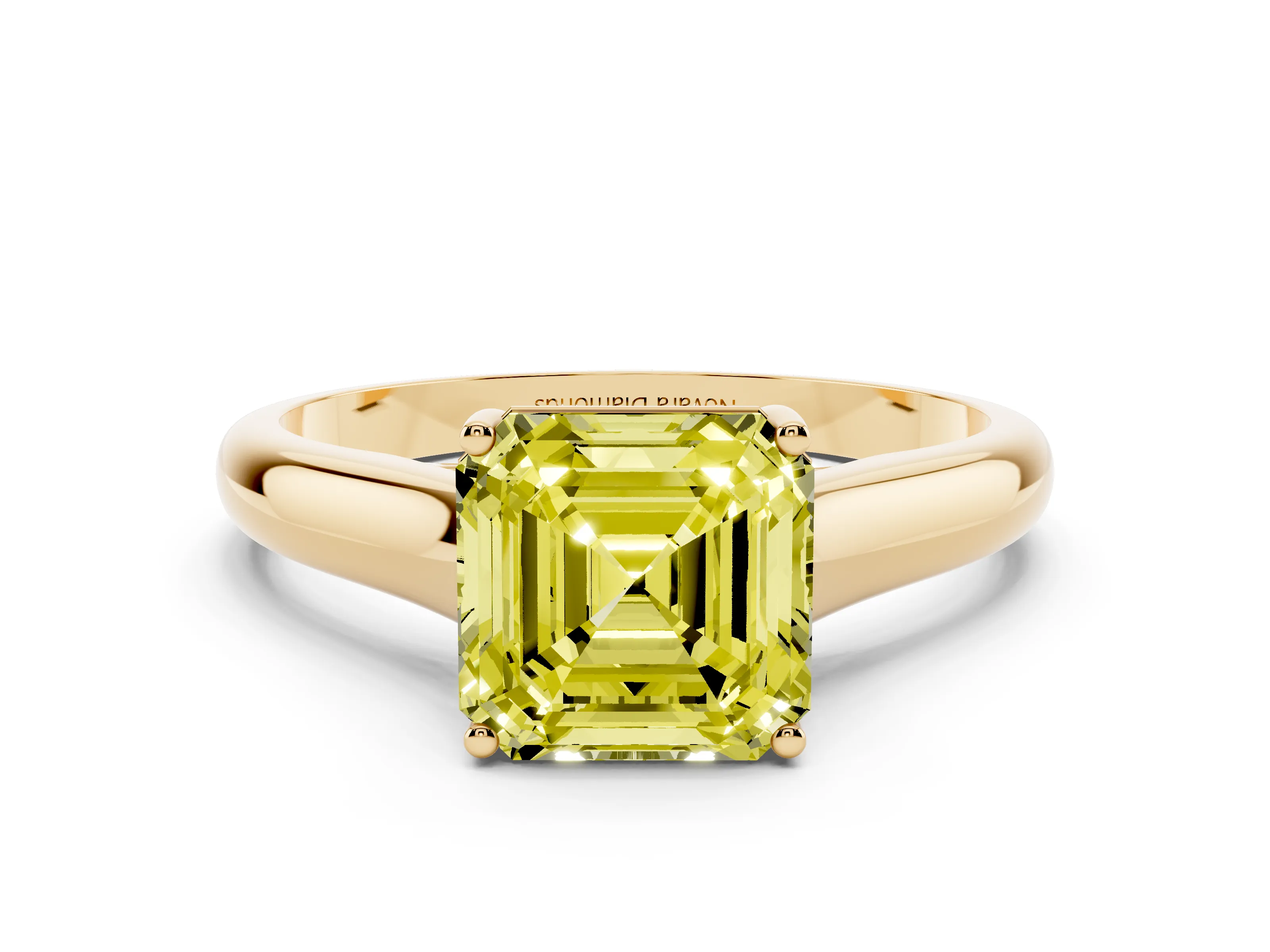 Fancy Yellow Asscher Cut Diamond Solitaire Engagement Ring Set in Yellow gold with Subtly Tapered Band and Prong Setting