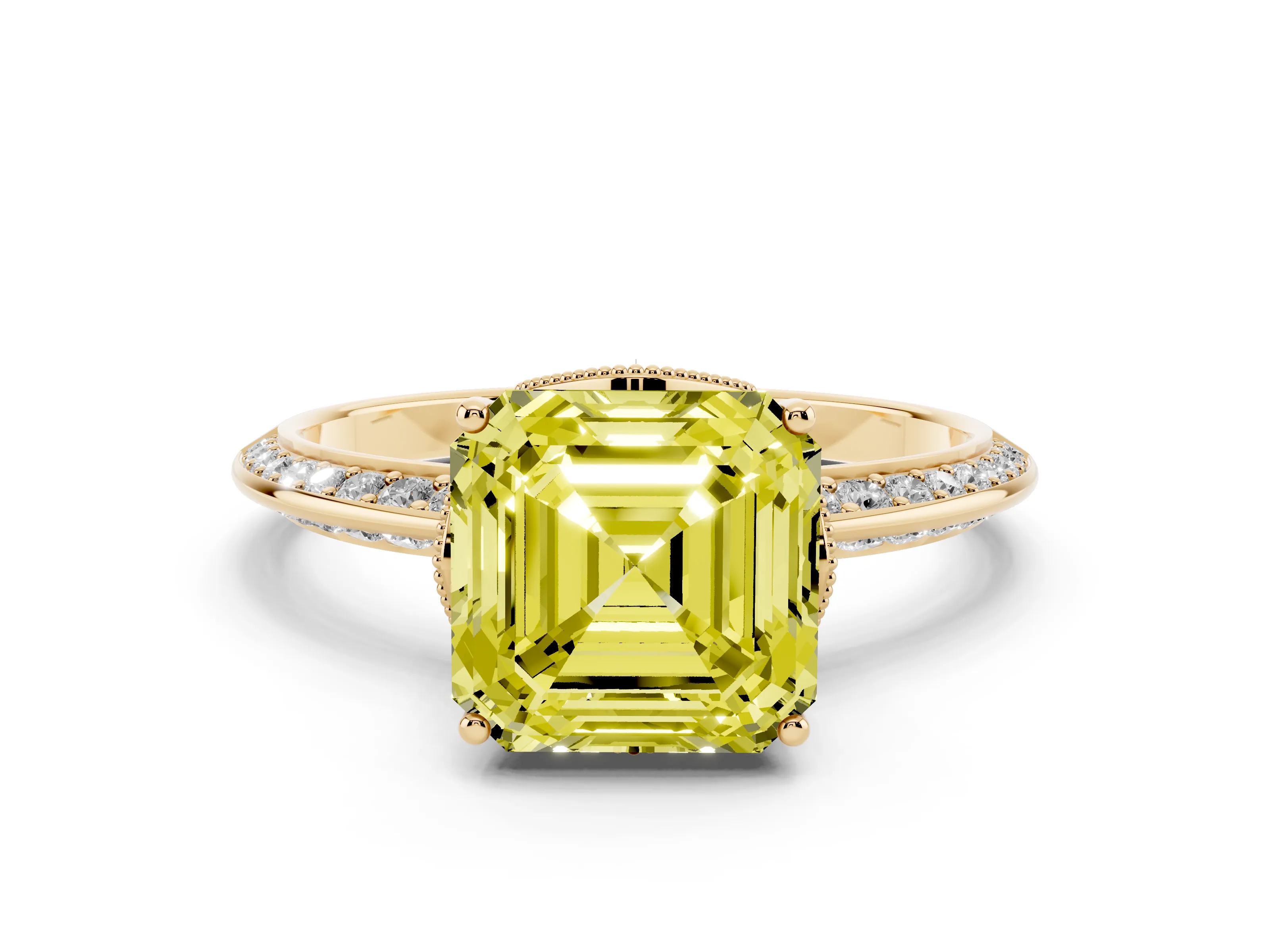 Fancy Yellow Asscher Cut Diamond Solitaire Engagement Ring Set in Yellow gold with Pavé Split Shank and Prong Setting
