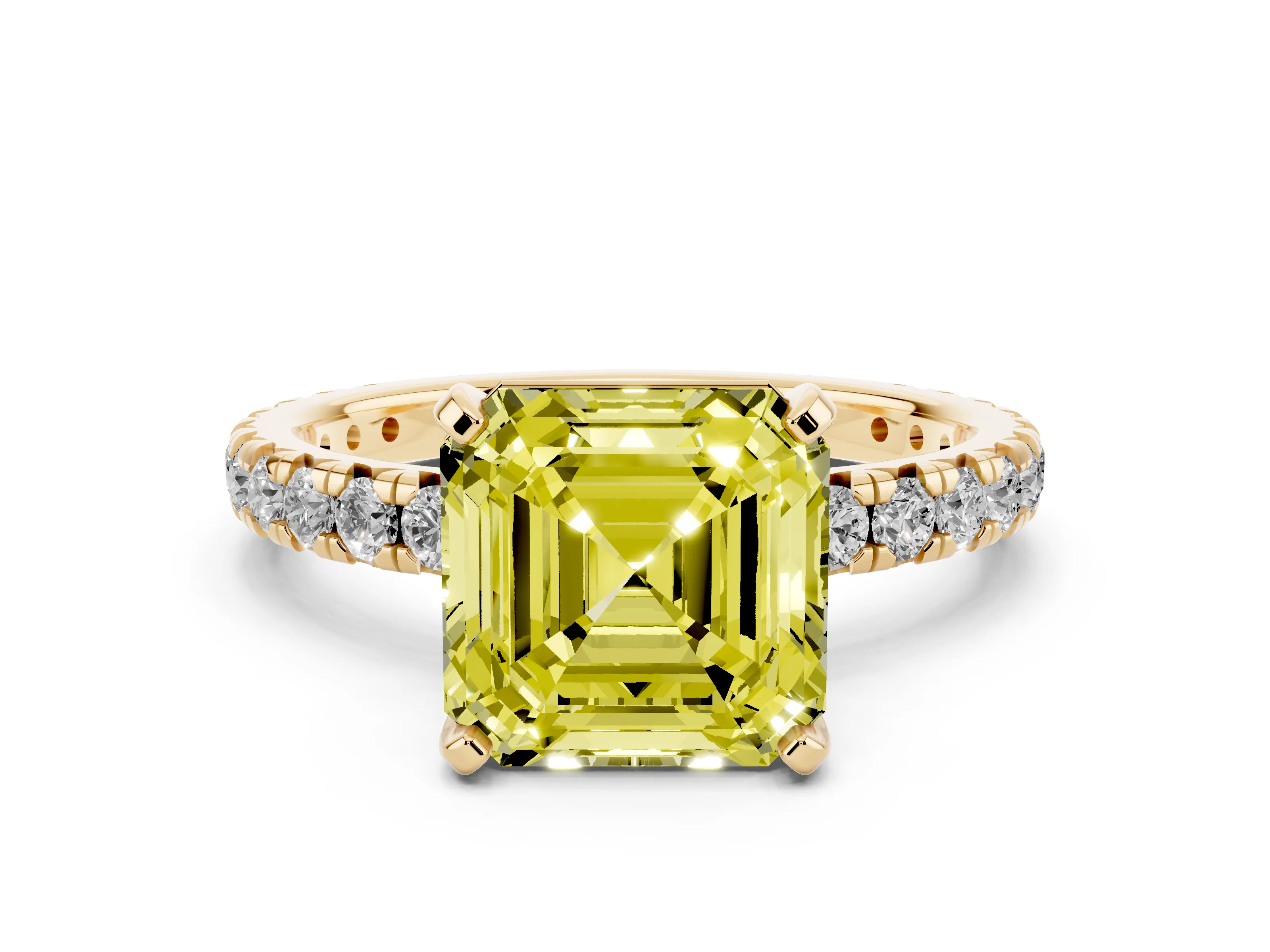 Fancy Yellow Asscher Cut Diamond Pavé Solitaire Ring Set in Yellow gold with Round Band and Prong Setting