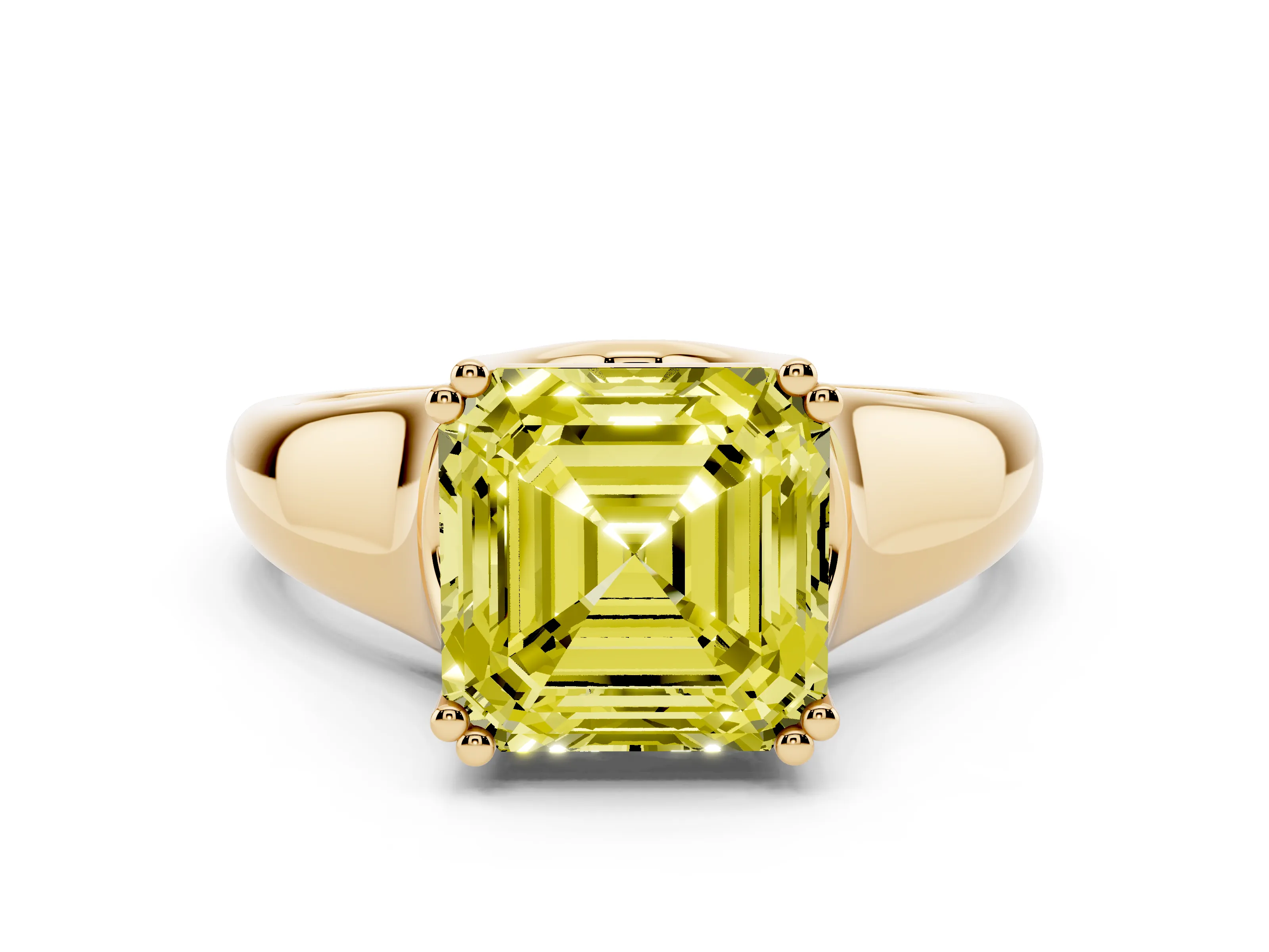 Fancy Yellow Asscher Cut Diamond Solitaire Ring Set in Yellow gold with Wide Band and Prong Setting