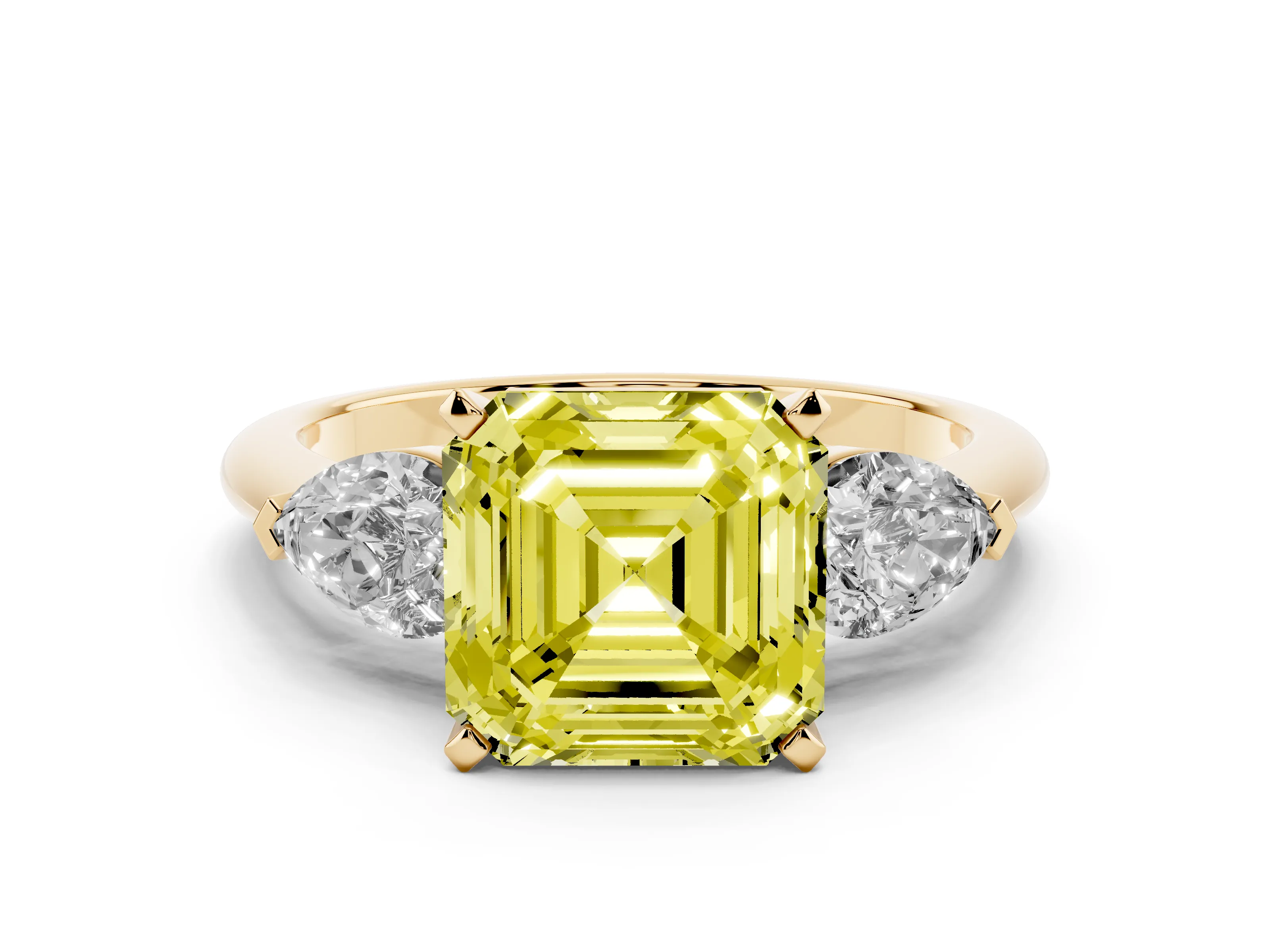 Fancy Yellow Three-Stone Asscher Cut Diamond Ring Set in Yellow gold with Pear Side Stones and Prong Setting