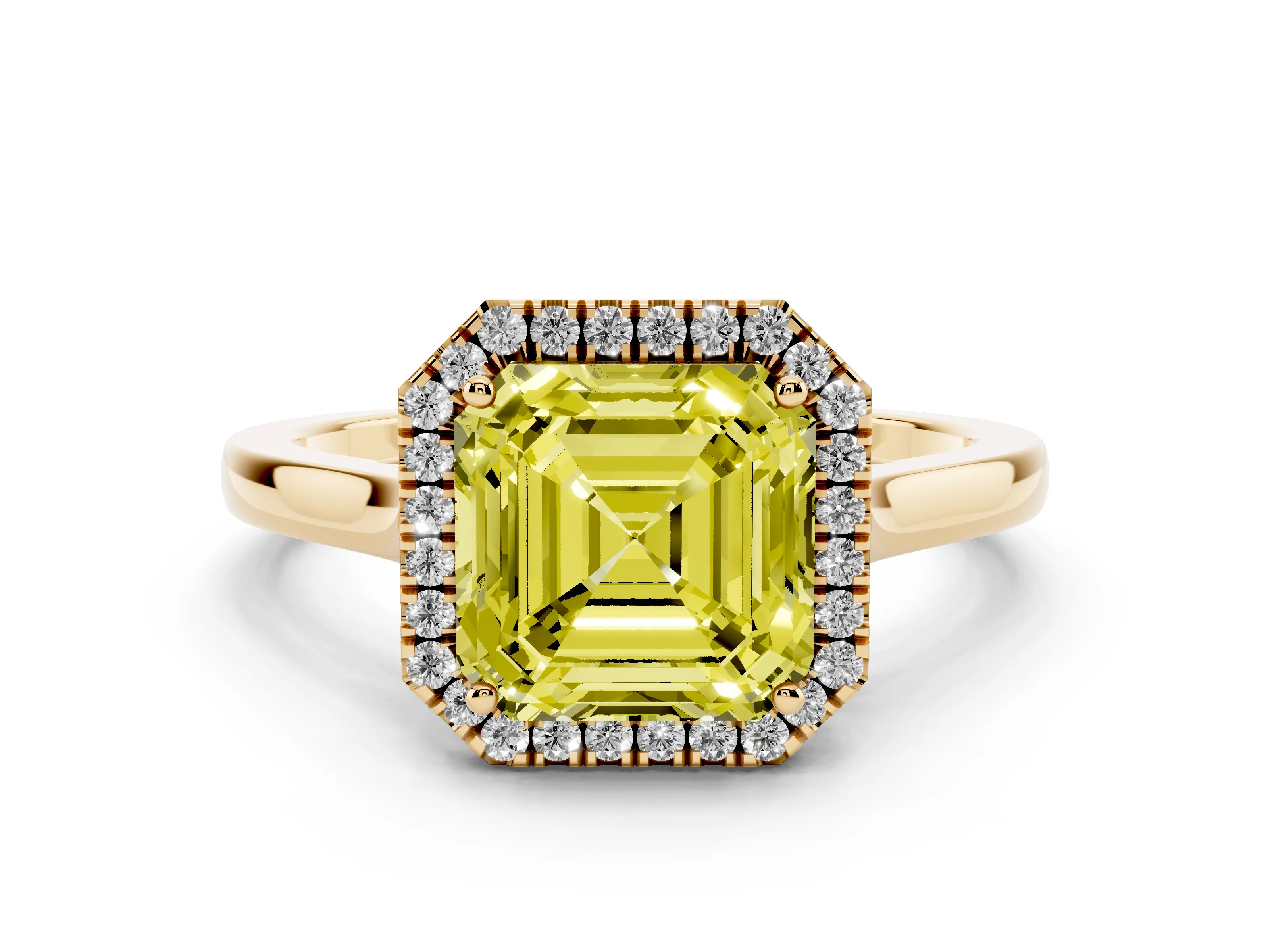 Fancy Yellow Asscher Cut Halo Round Diamond Solitaire Ring Set in Yellow gold with Pavé Band and Prong Setting