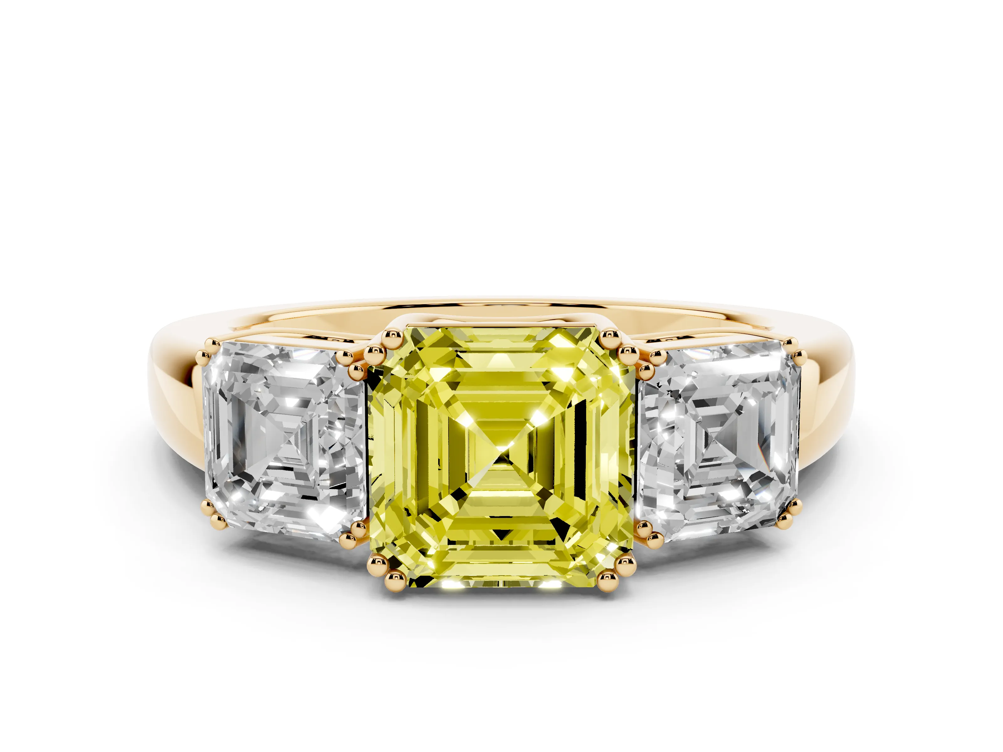 Fancy Yellow Asscher Cut Diamond Three-Stone Ring Set in Yellow gold with Polished Band and Prong Setting