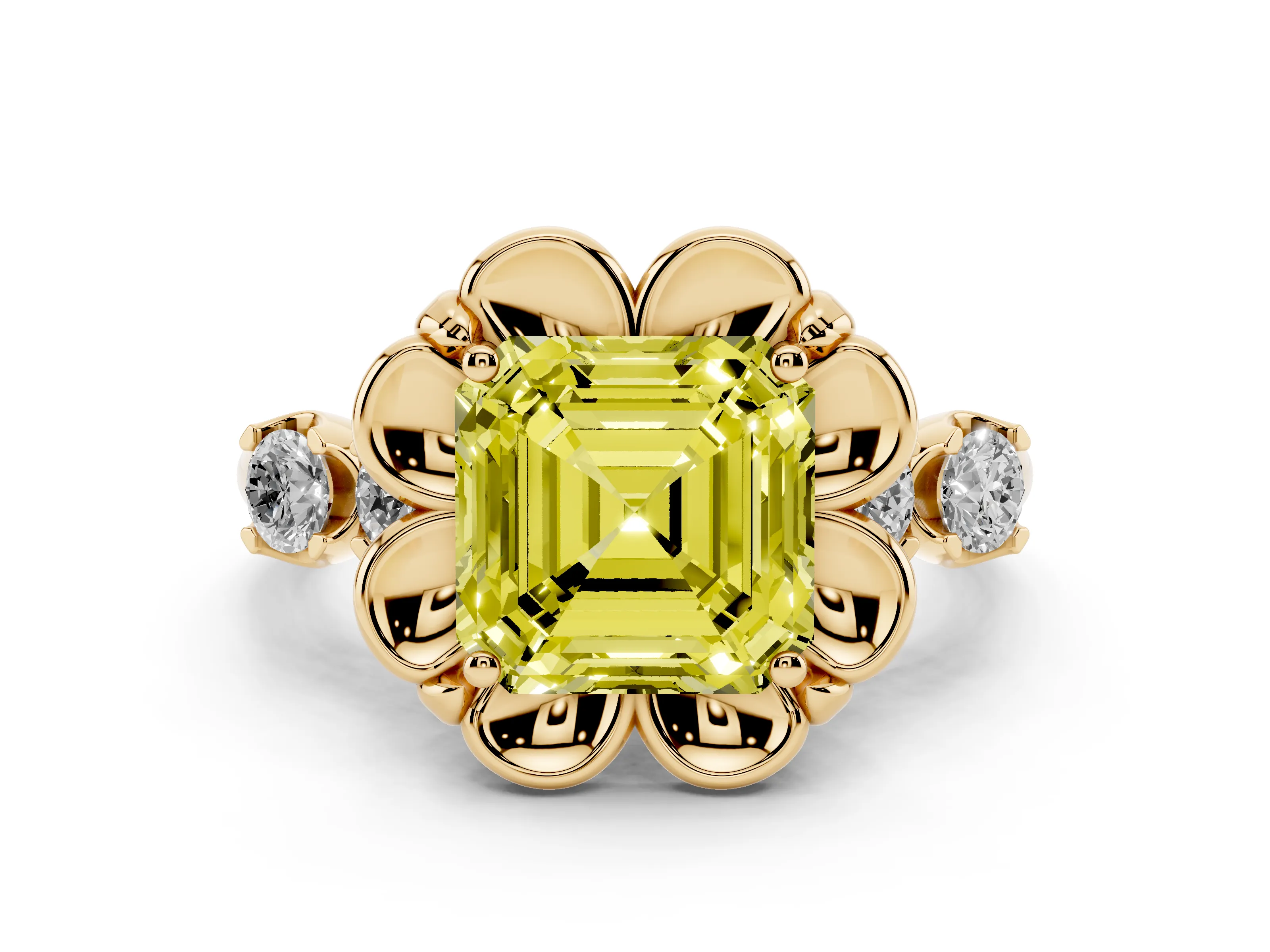 Fancy Yellow Asscher Cut Diamond Floral Halo Ring Set in Yellow gold with Shared Prong Band