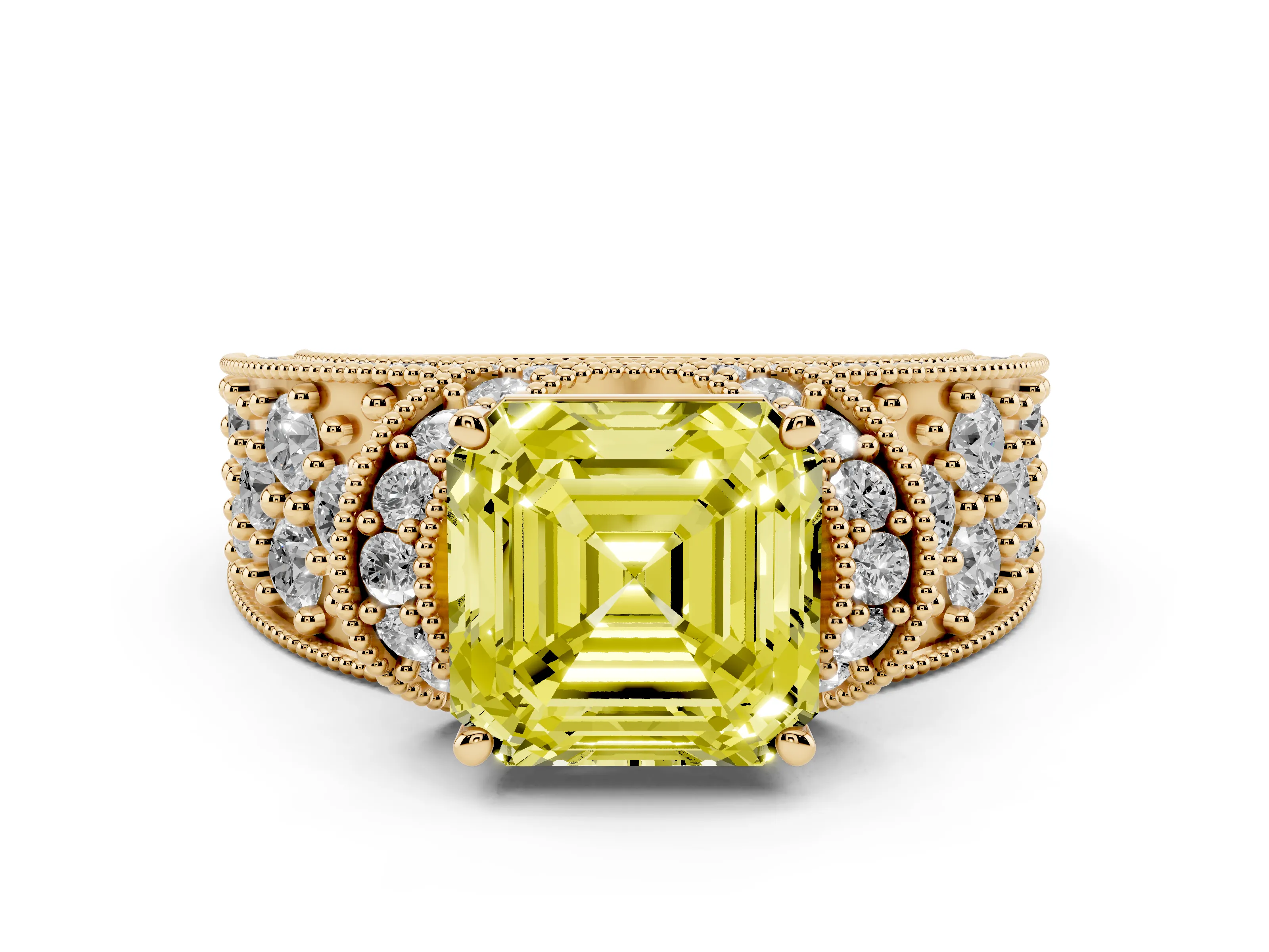 Fancy Yellow Asscher Cut Diamond Milgrain Halo Pavé Engagement Ring Set in Yellow gold with Prong Setting