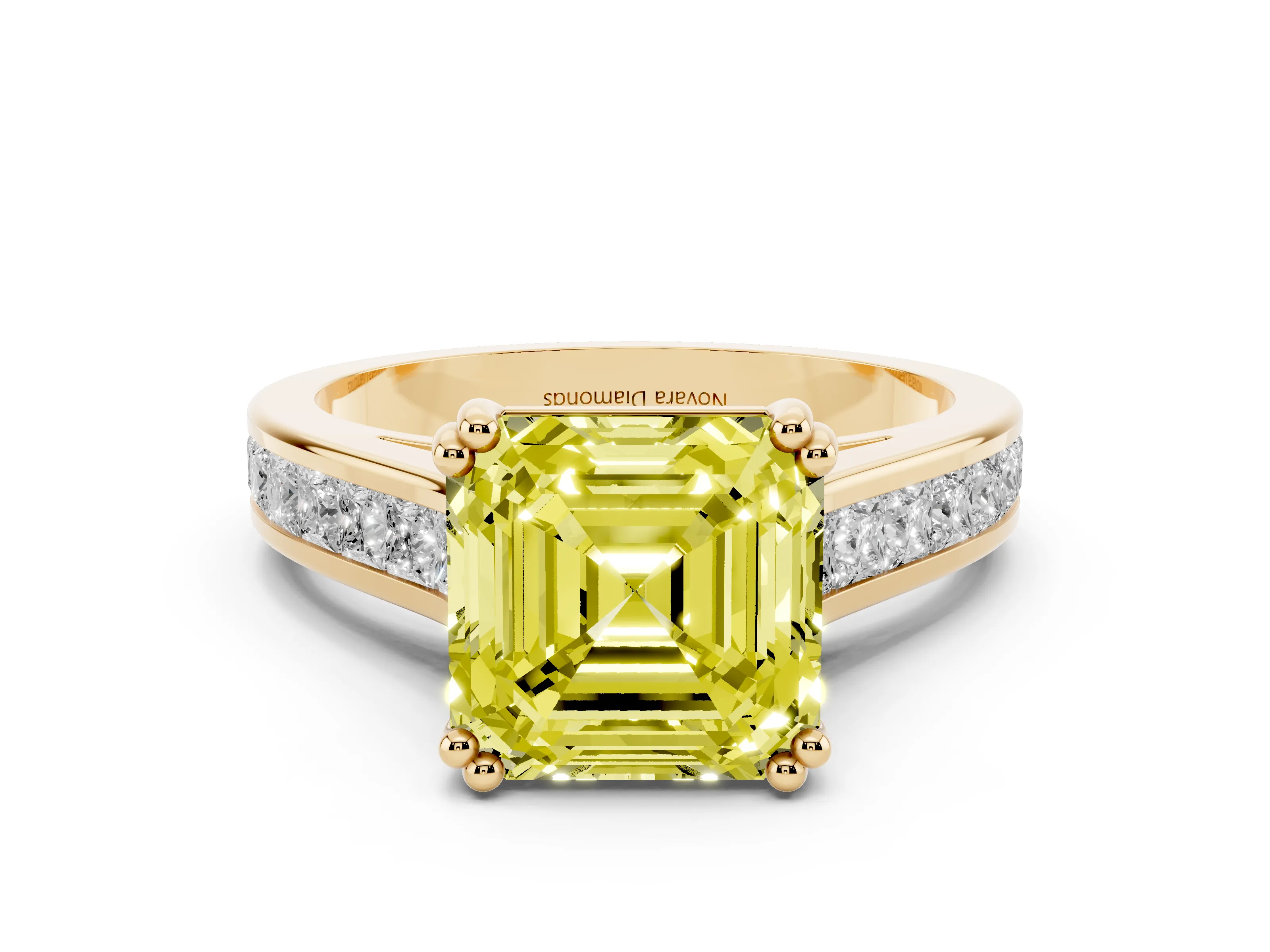 Fancy Yellow Asscher Cut Diamond Channel Set Solitaire Engagement Ring Set in Yellow gold with Prong Setting