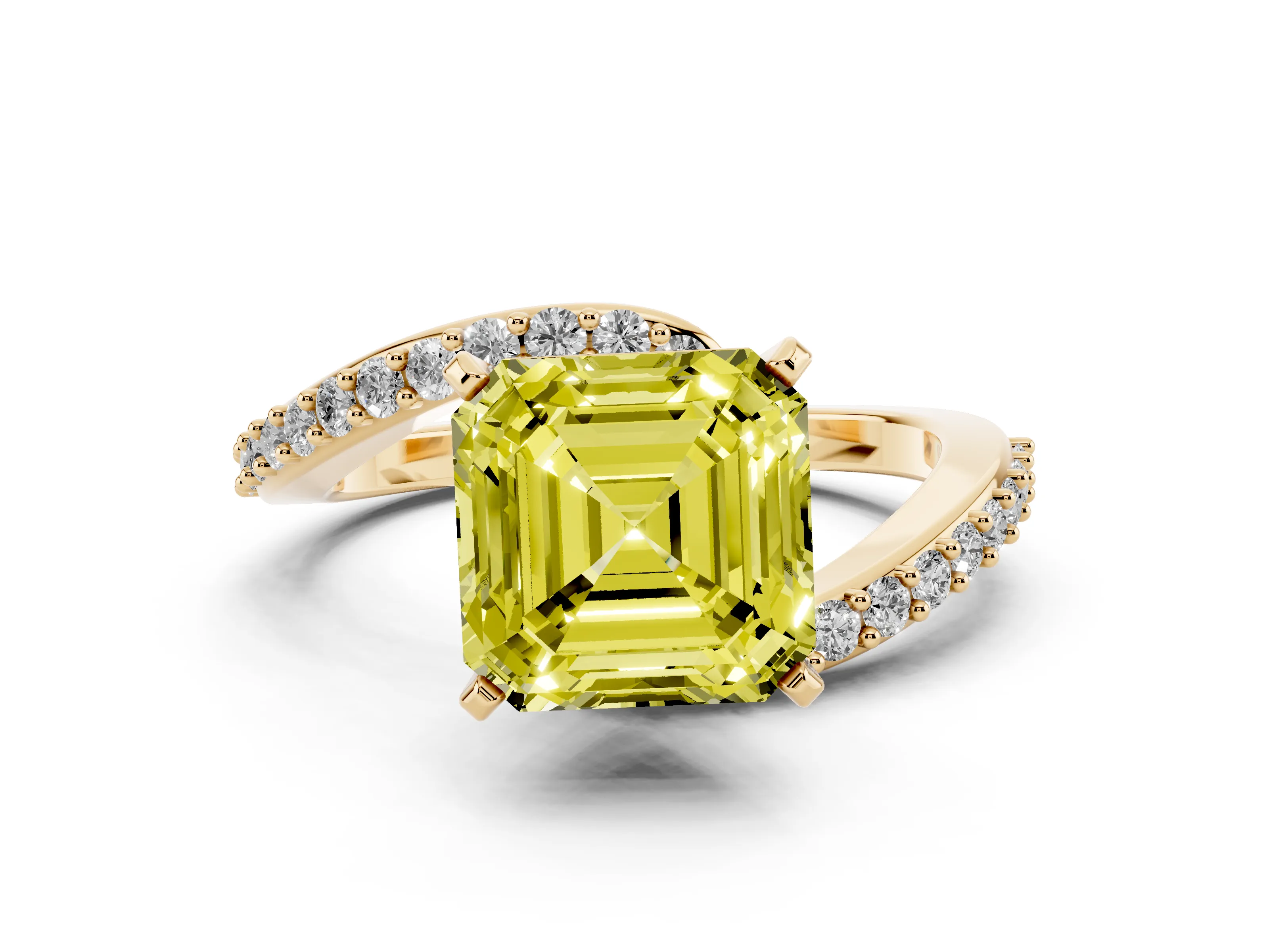 Fancy Yellow Asscher Cut Diamond Solitaire Ring Set in Yellow gold with Pavé Twist Band and Prong Setting