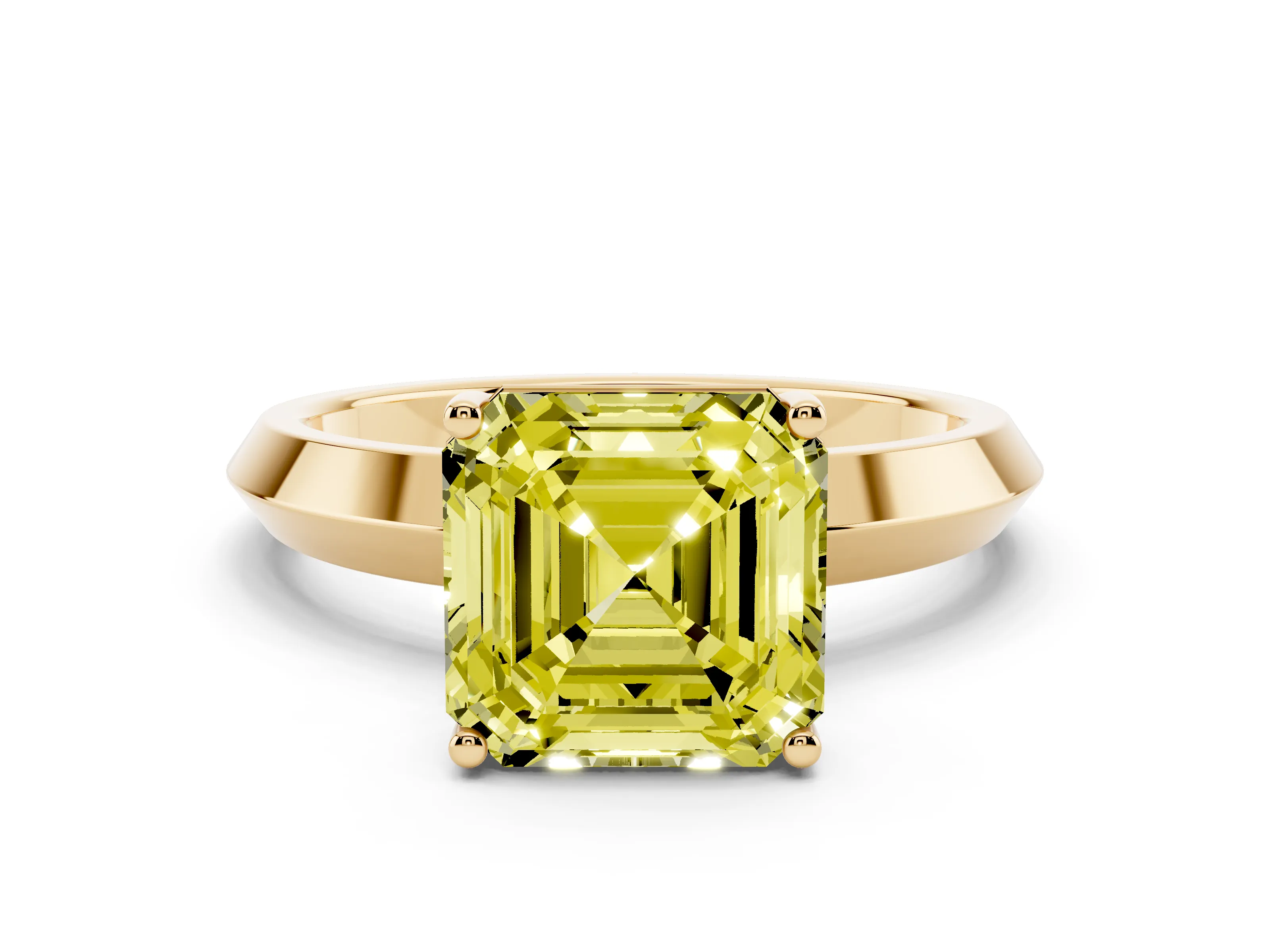 Fancy Yellow Asscher Cut Diamond Solitaire Engagement Ring Set in Yellow gold with Flat Band and Prong Setting
