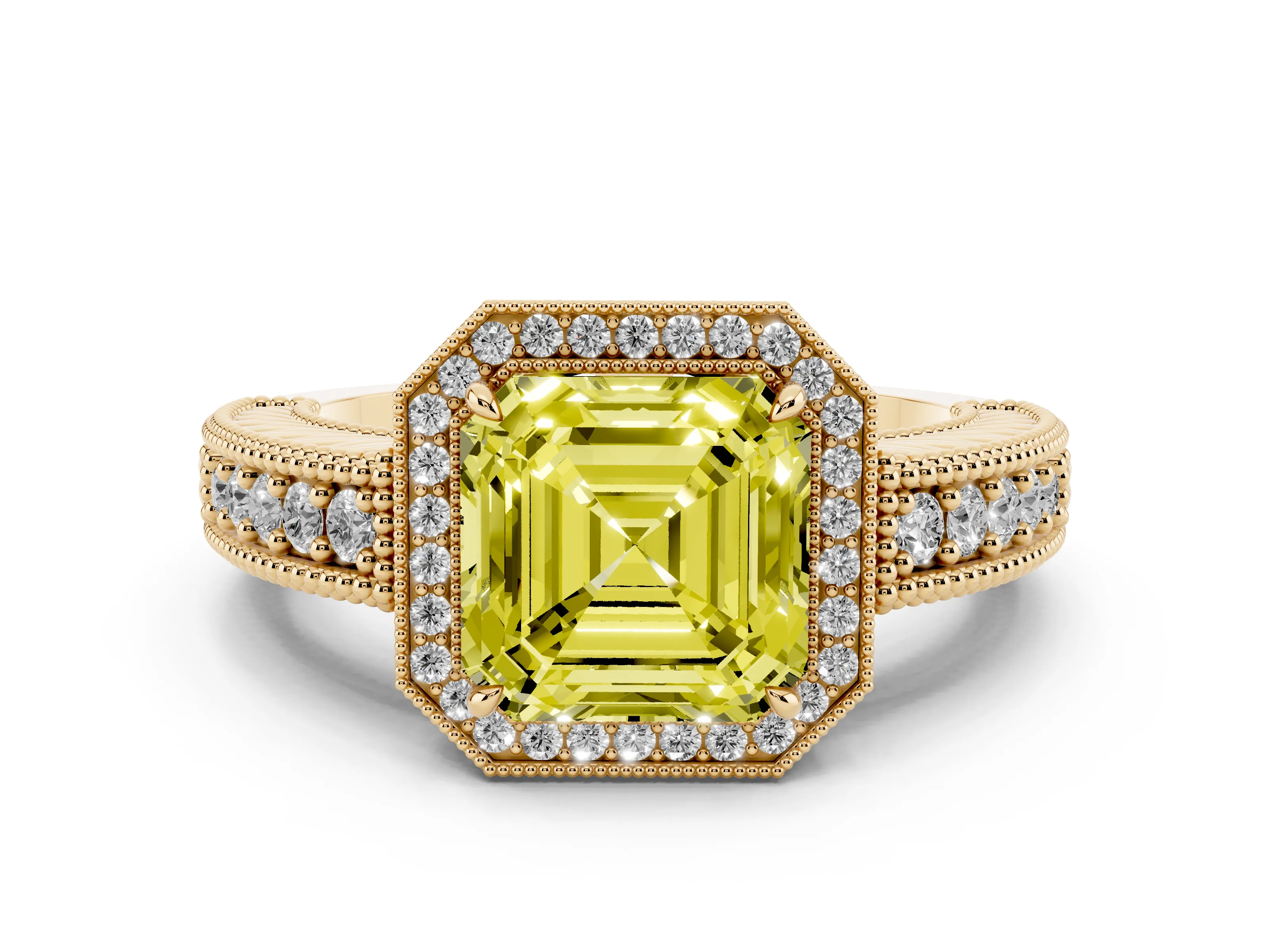 Fancy Yellow Asscher Cut Diamond Halo Ring Set in Yellow gold with Round Accent Halo, Pavé Band and Prong Setting