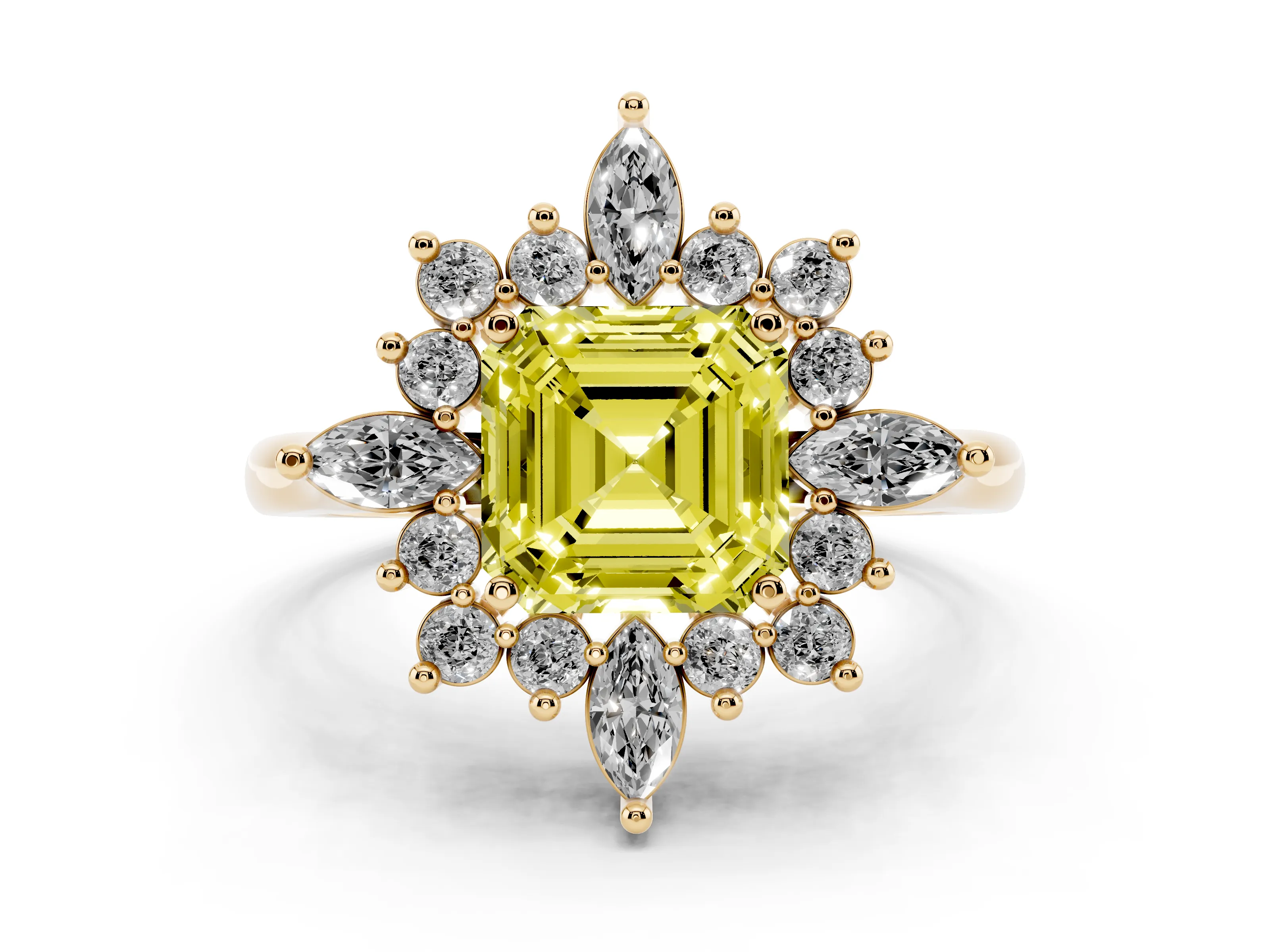Fancy Yellow Asscher Cut Diamond Cluster Halo Ring Set in Yellow gold with Marquise and Round Accents