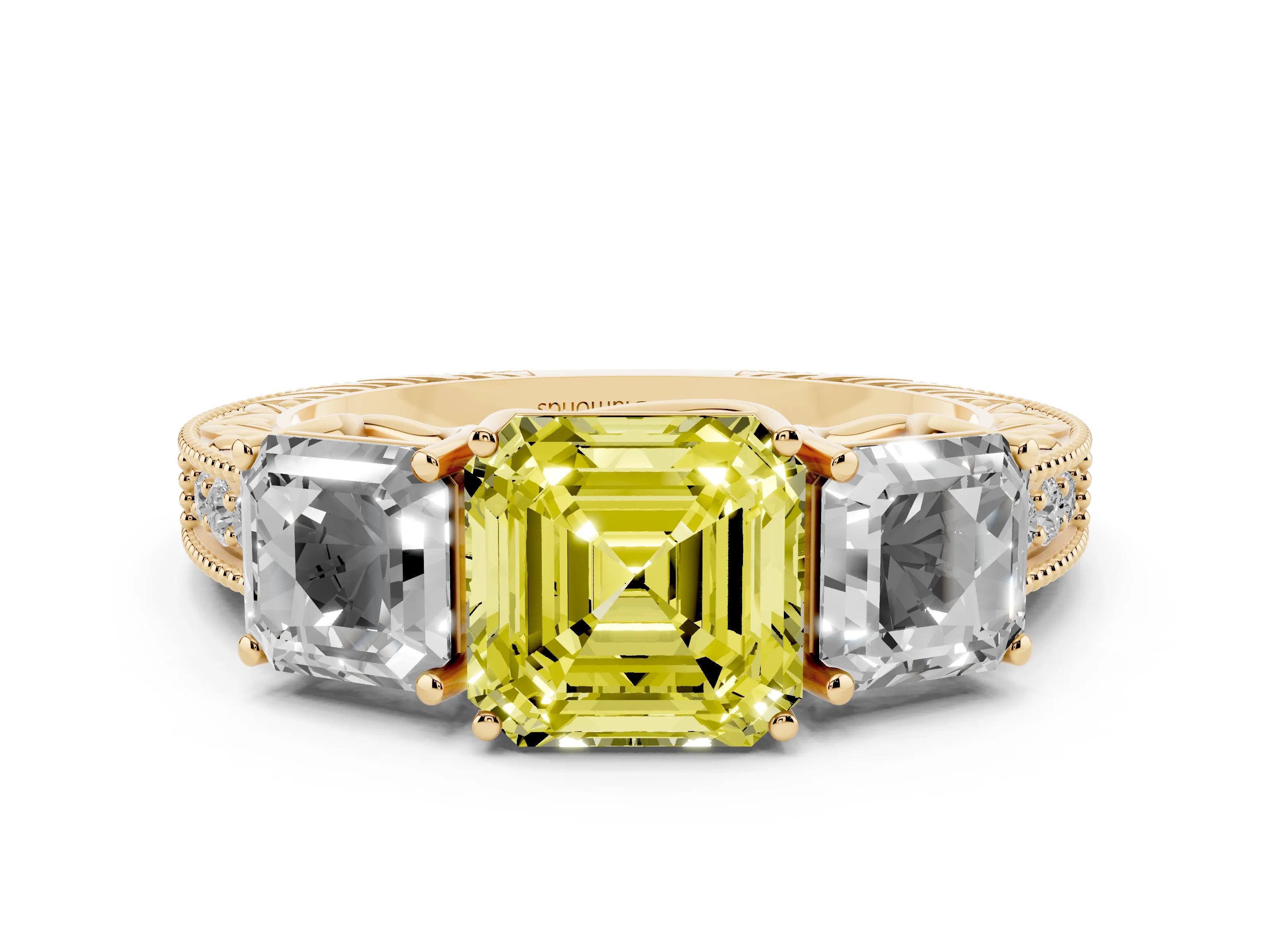 Fancy Yellow Asscher Cut Diamond Three-Stone Engagement Ring Set in Yellow gold with Milgrain Pavé Band