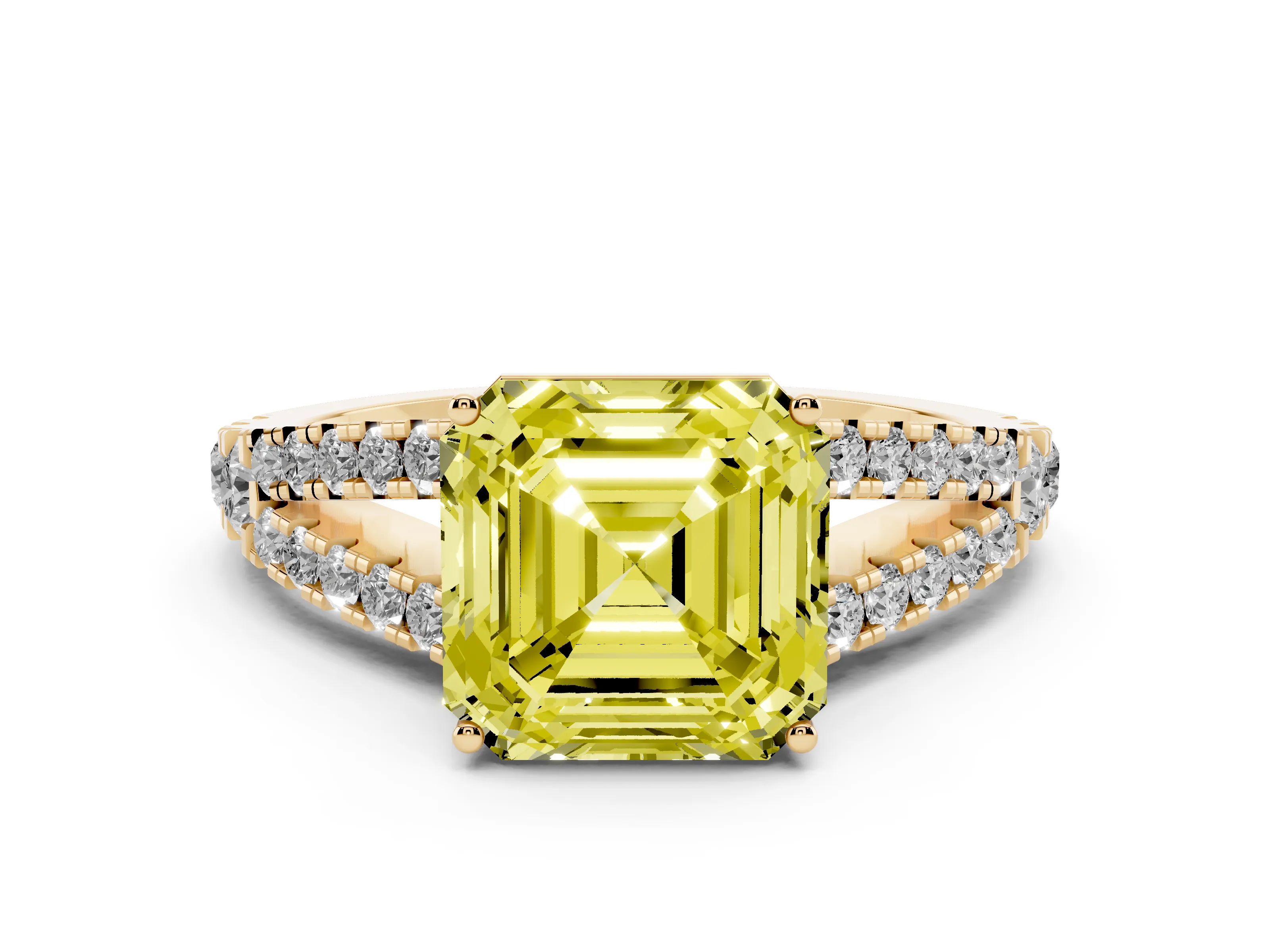 Fancy Yellow Asscher Cut Diamond Split Shank Engagement Ring Set in Yellow gold with Round Pavé and Prong Setting