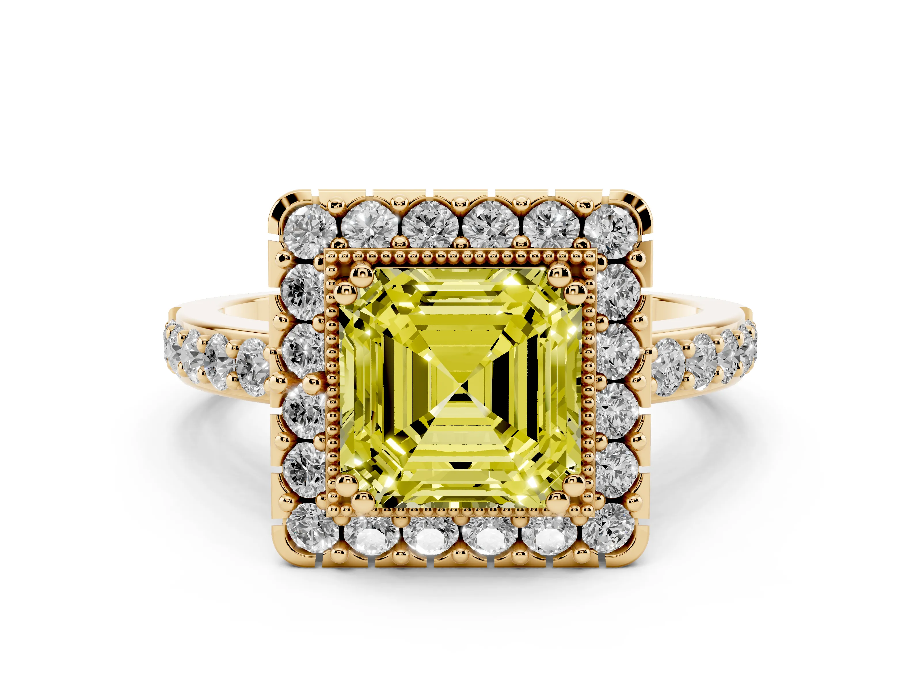 Fancy Yellow Asscher Cut Diamond Halo Ring Set in Yellow gold with Pavé Shank and Prong Setting