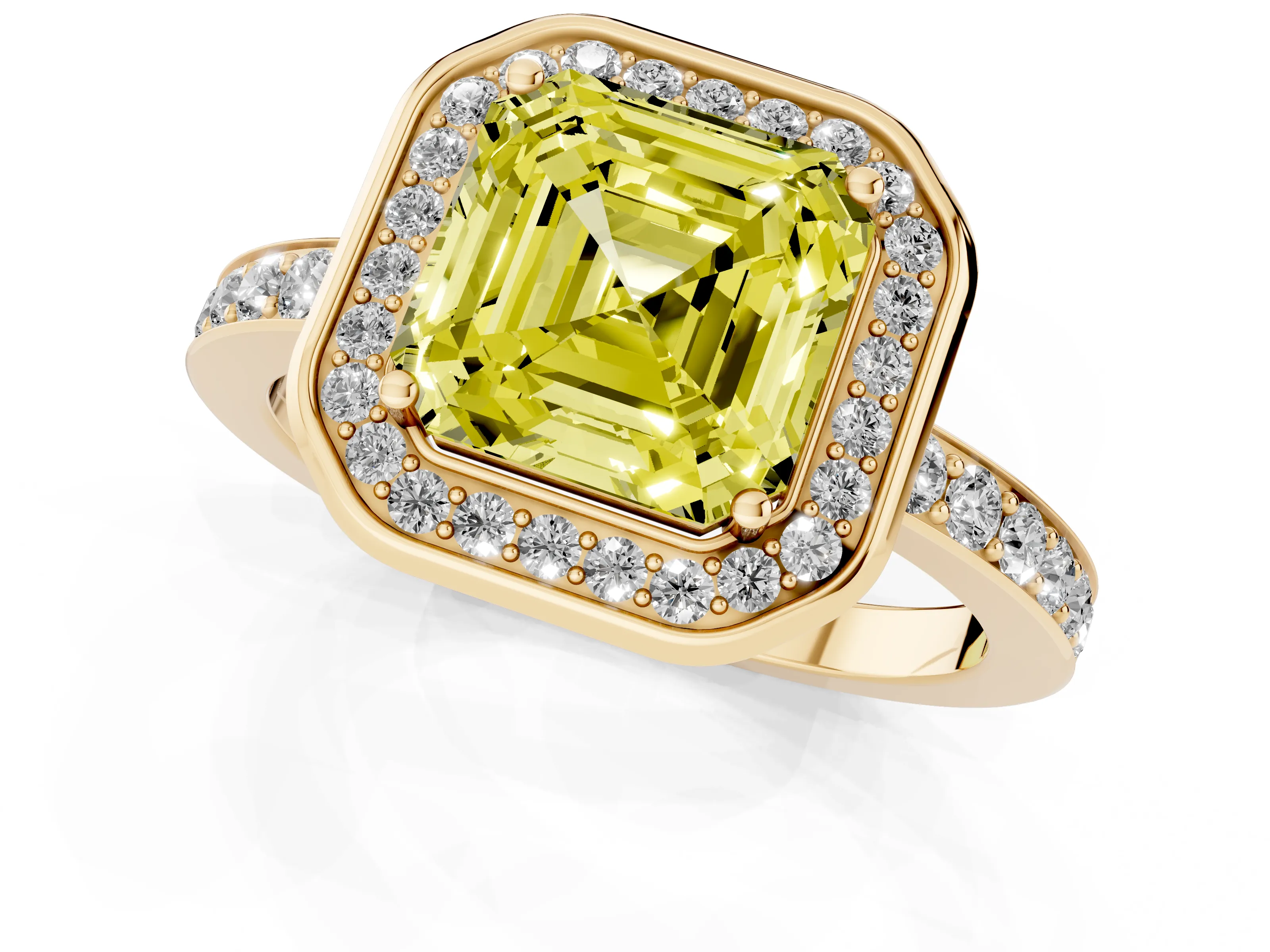 Fancy Yellow Asscher Cut Diamond Halo Ring Set in Yellow gold with Bezel Frame and Pavé Band
