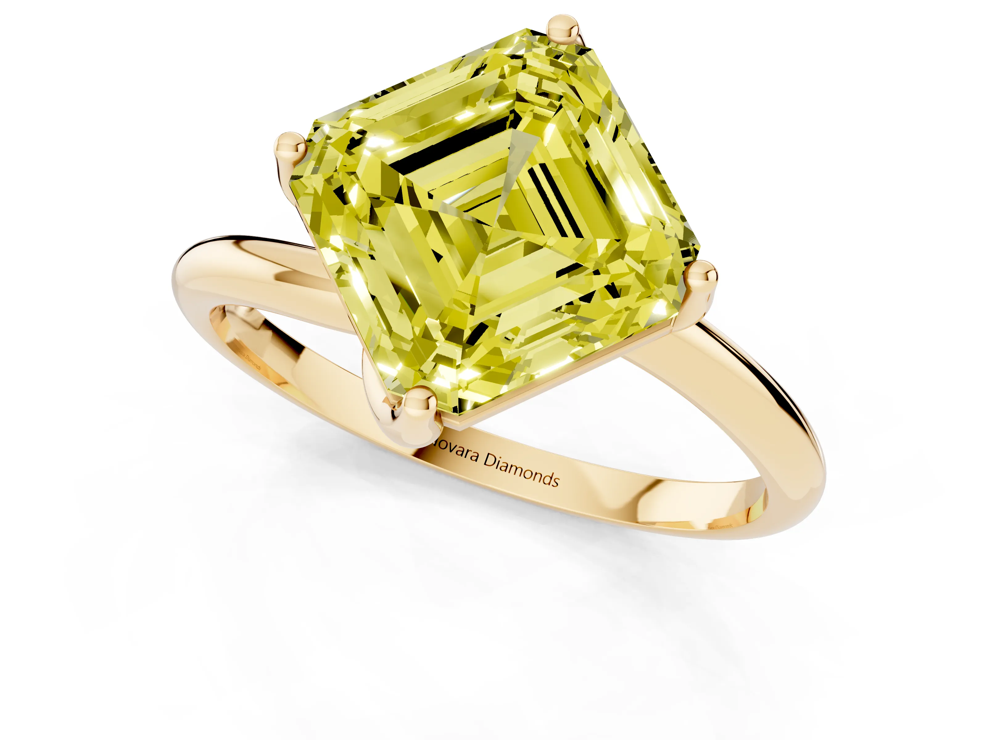 Fancy Yellow Asscher Cut Diamond Solitaire Engagement Ring Set in Yellow gold with Classic Plain Band