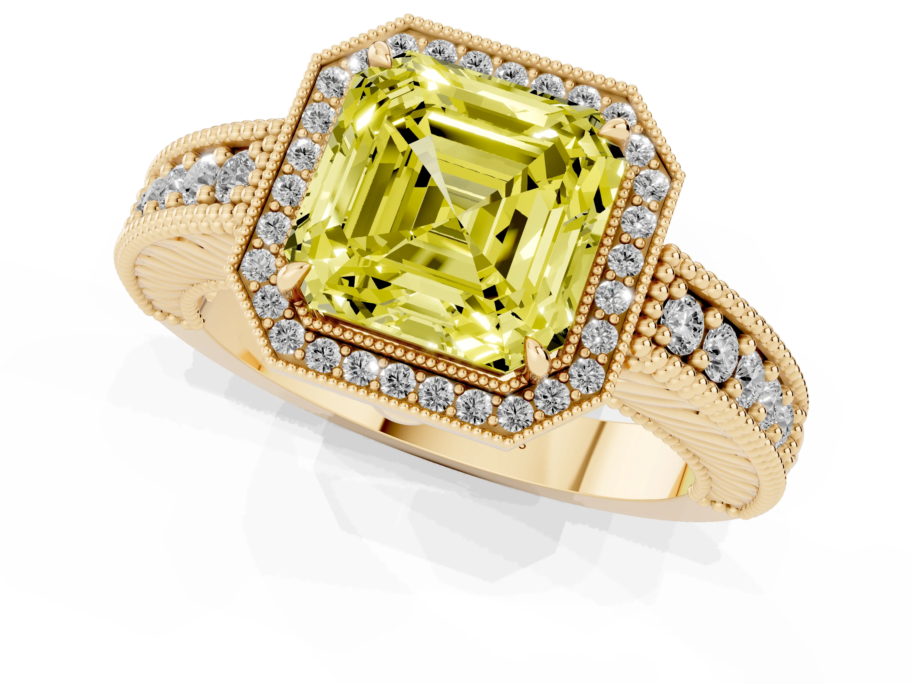 Fancy Yellow Asscher Cut Diamond Halo Ring Set in Yellow gold with Round Accent Halo, Pavé Band and Prong Setting