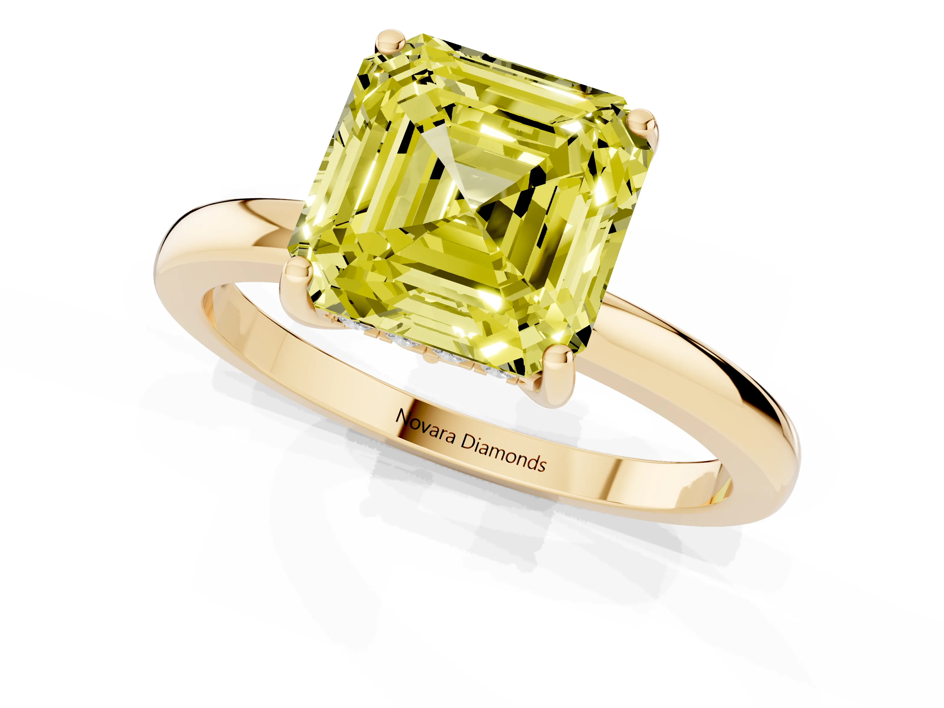 Fancy Yellow Asscher Cut Diamond Solitaire Ring Set in Yellow gold with Plain Band and Prong Setting