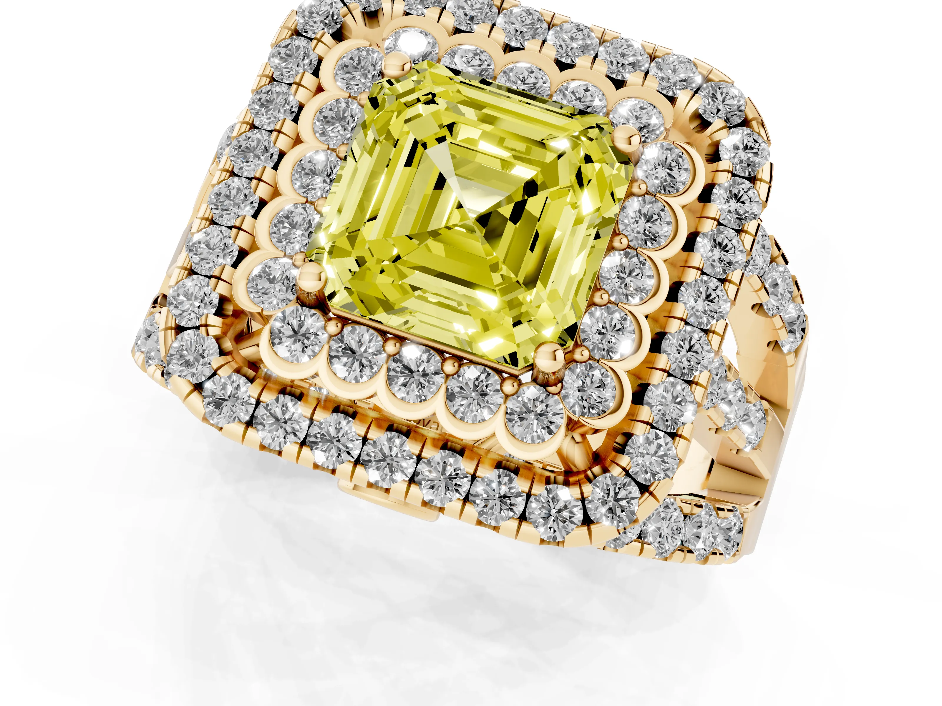 Fancy Yellow Asscher Cut Diamond Double Halo Ring Set in Yellow gold with Round Pavé Split Shank