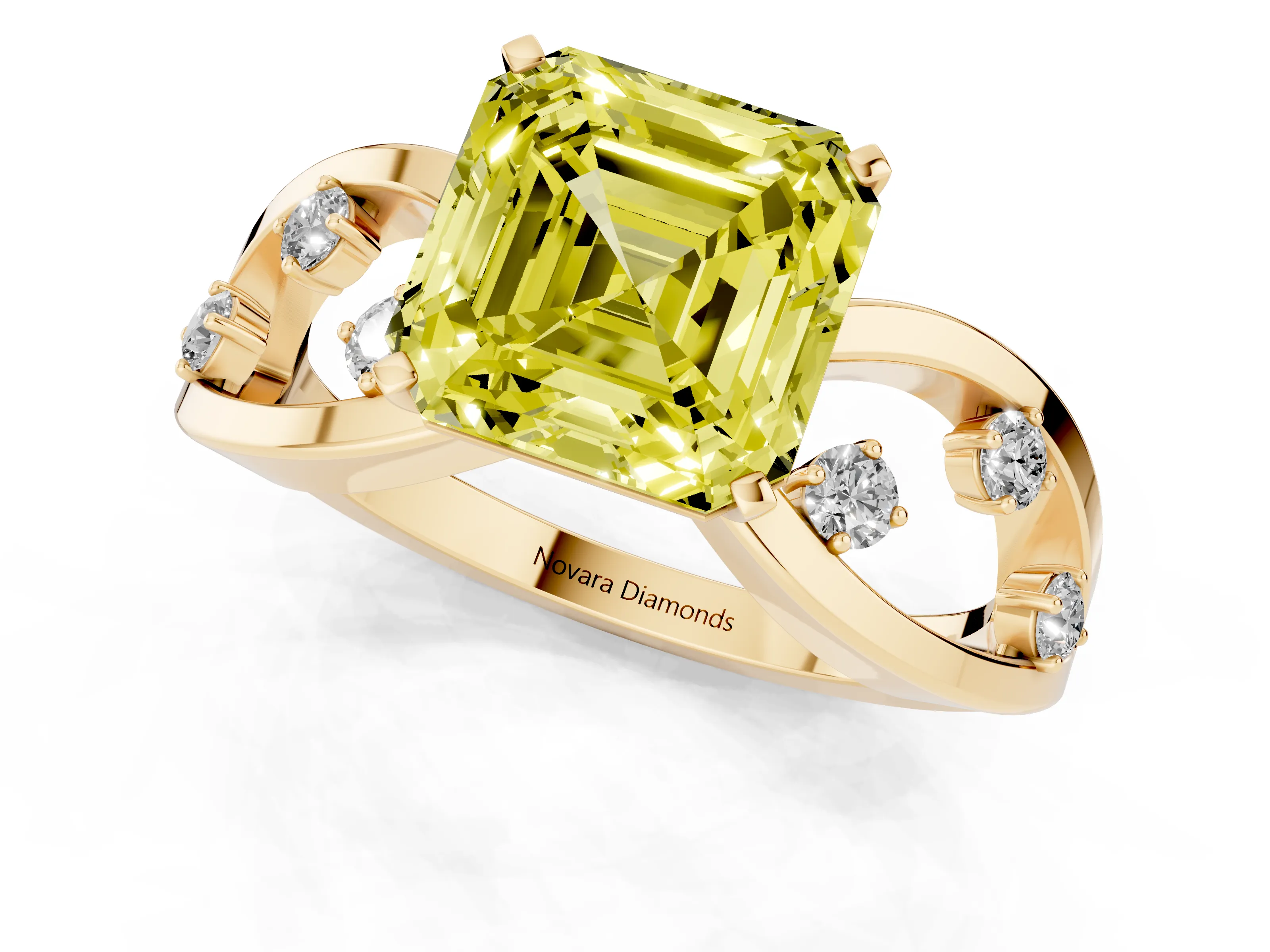Fancy Yellow Asscher Cut Diamond Solitaire Ring Set in Yellow gold with Side Stones on Criss-Cross Band and Prong Setting