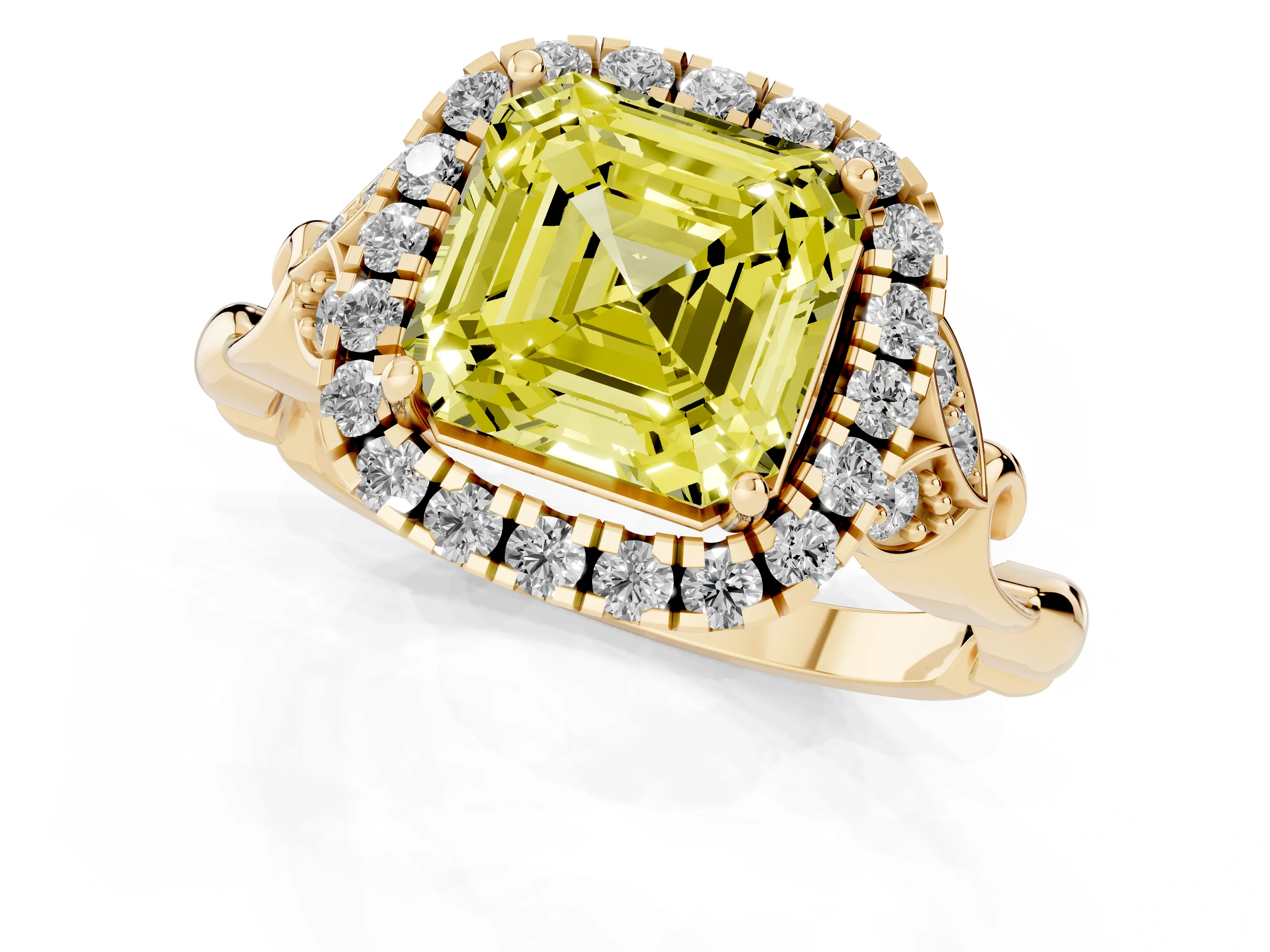 Fancy Yellow Asscher Cut Diamond Halo Engagement Ring Set in Yellow gold with Vintage-Inspired Band and Prong Setting