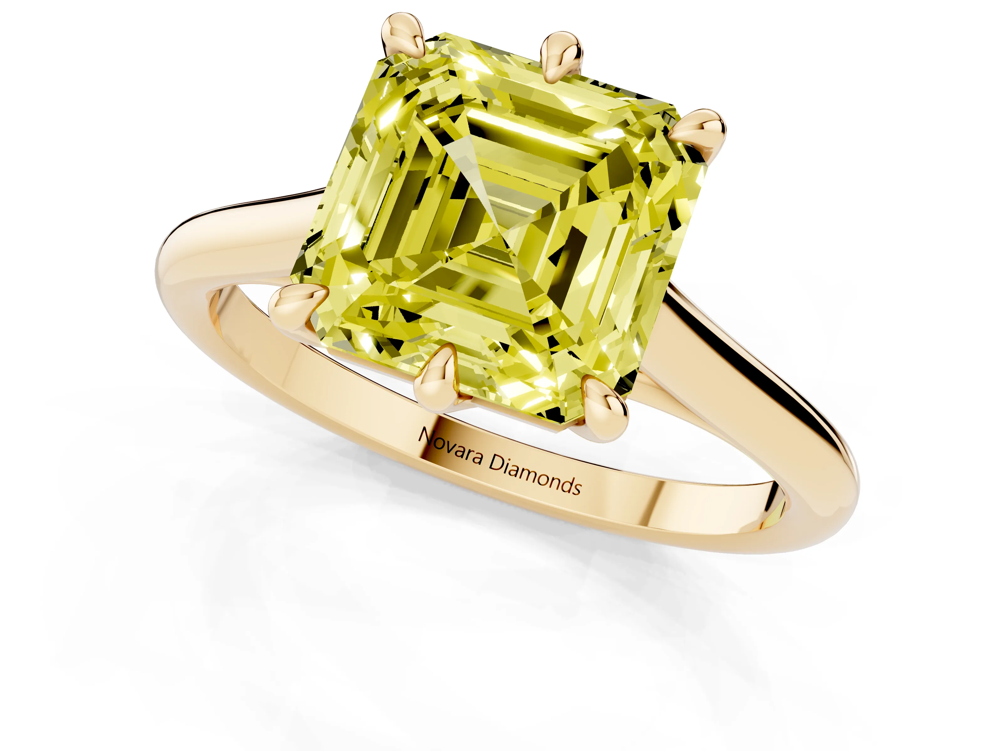 Fancy Yellow Asscher Cut Diamond Solitaire Engagement Ring Set in Yellow gold with Prong Setting and Plain Classic Band