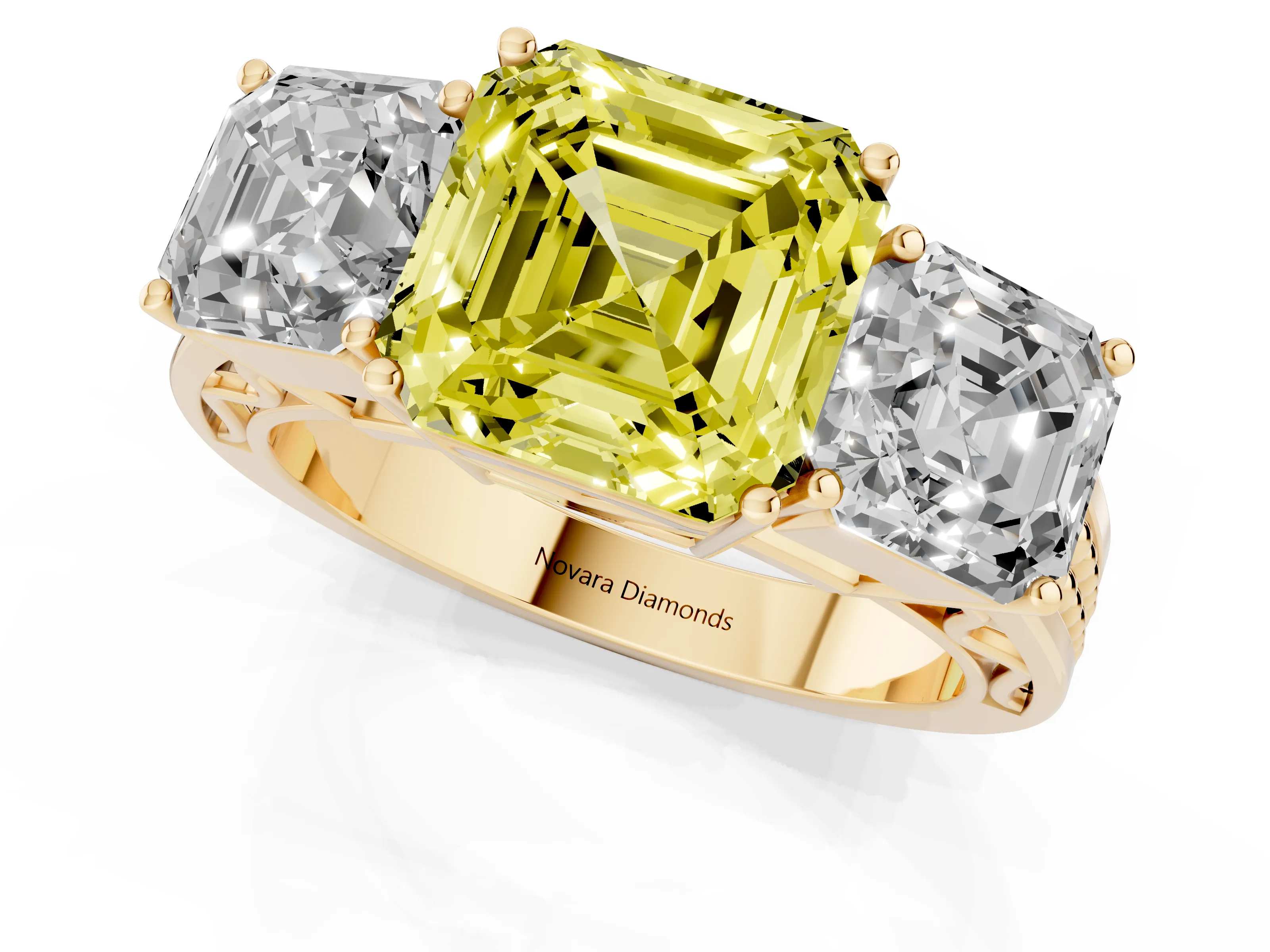 Fancy Yellow Asscher Cut Diamond Three-Stone Ring Set in Yellow gold with Textured Band