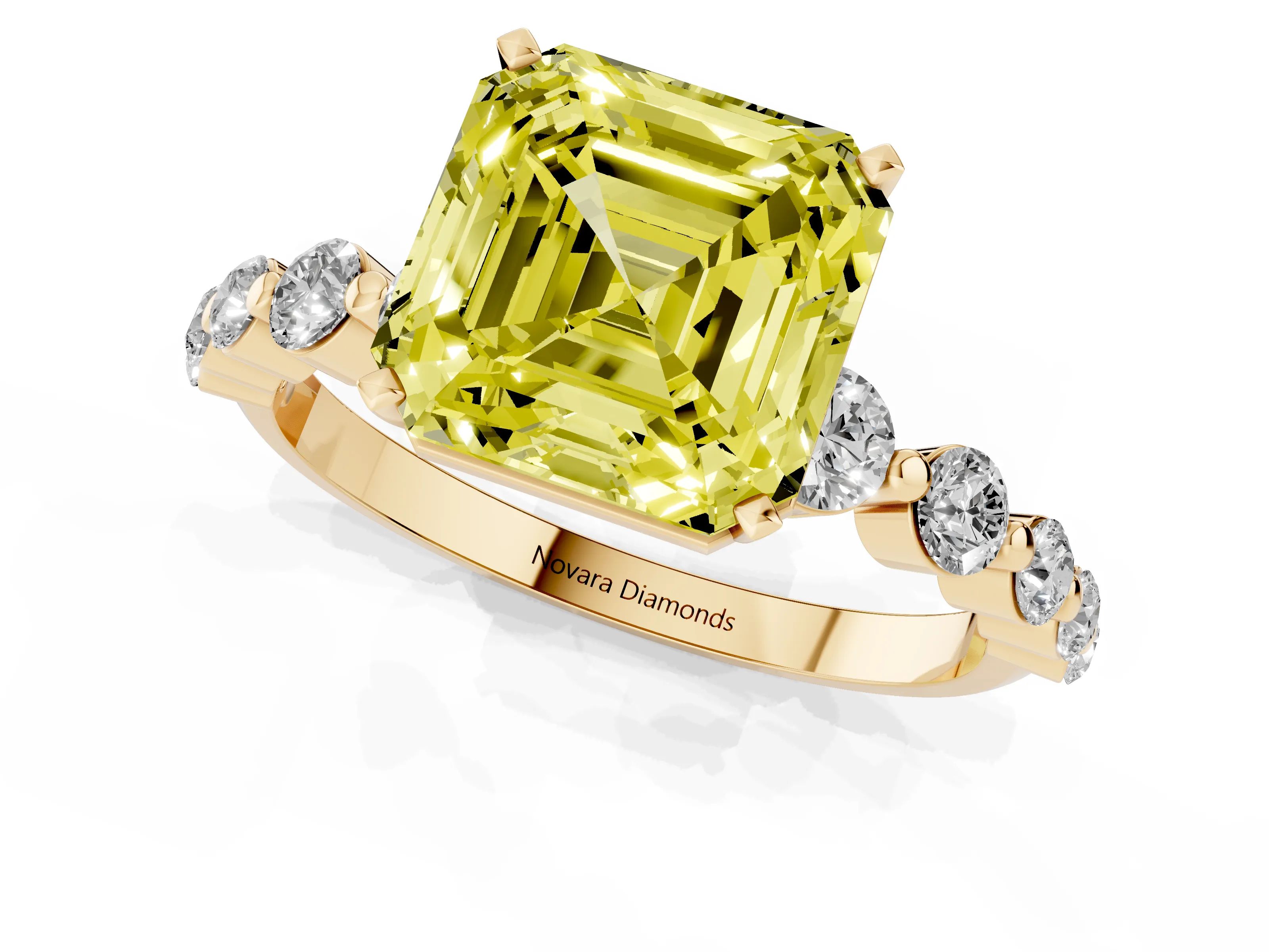 Fancy Yellow Asscher Cut Diamond Solitaire Ring Set in Yellow gold with Pavé Band and Prong Setting