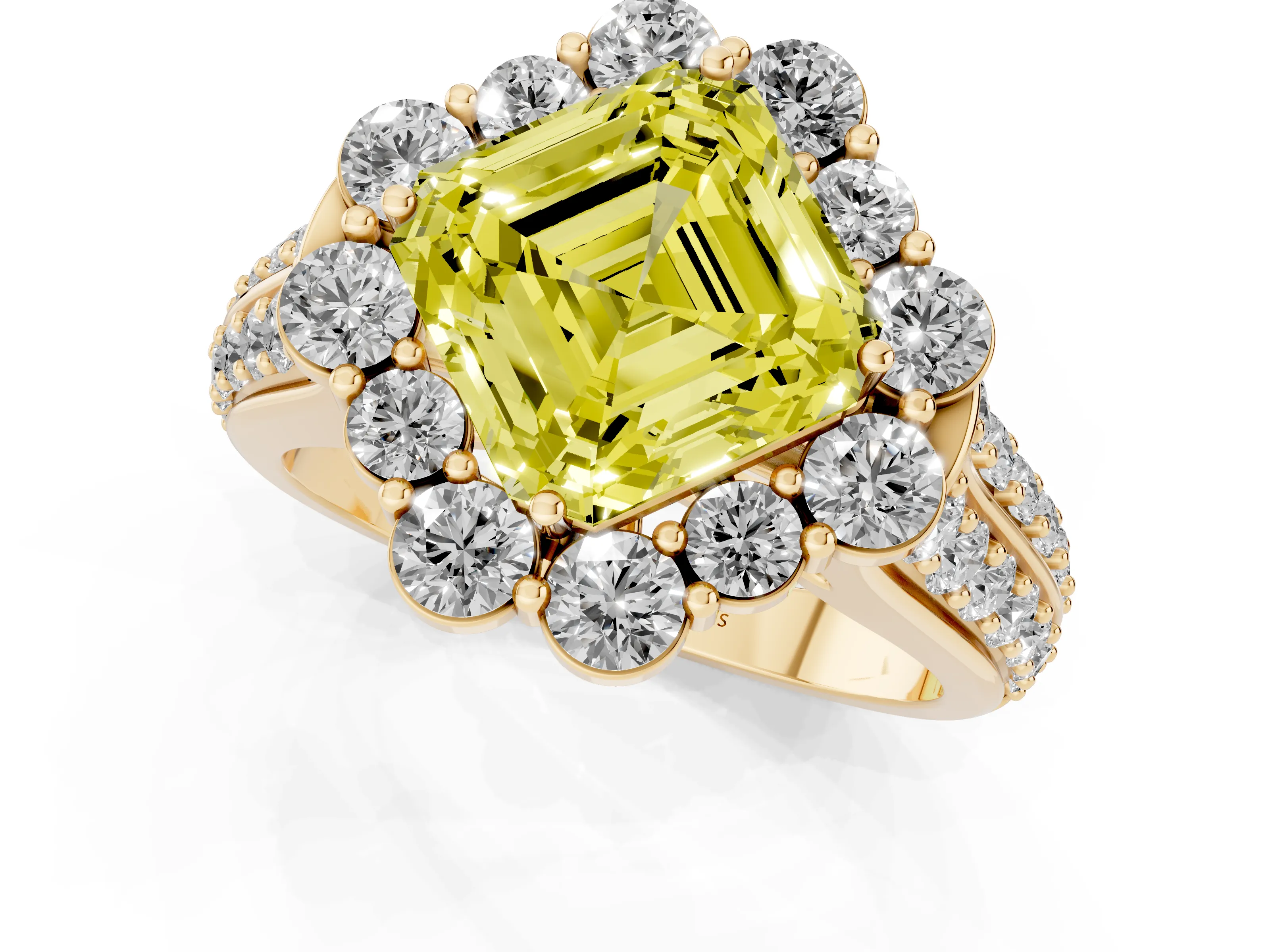 Fancy Yellow Asscher Cut Diamond Halo Engagement Ring Set in Yellow gold with Split Shank and Prong Setting