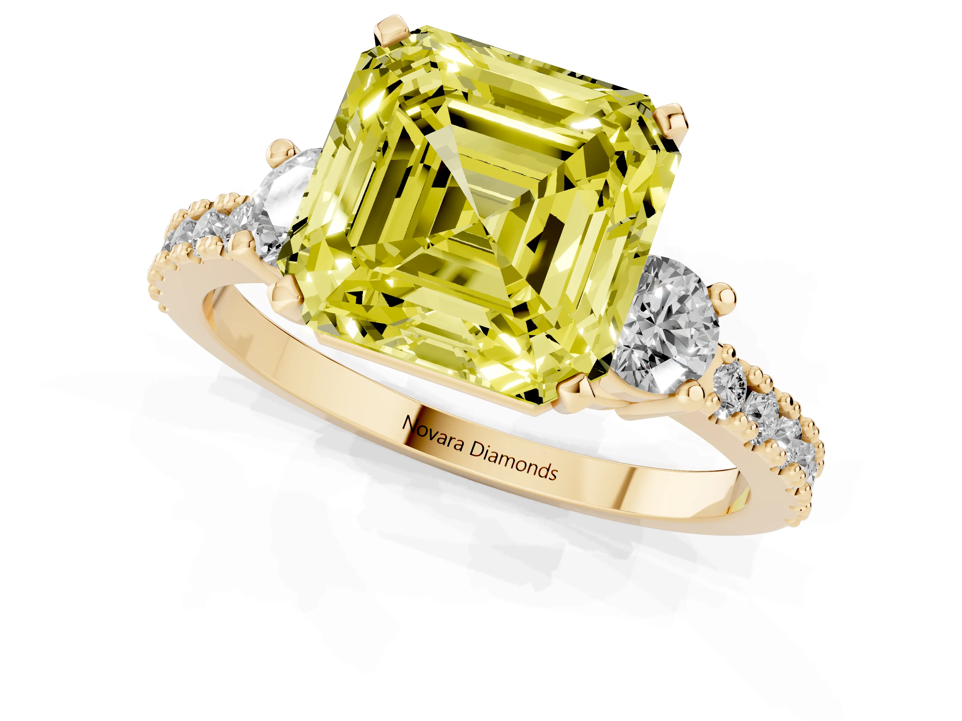 Fancy Yellow Three-Stone Asscher Cut Diamond Pavé Band Ring Set in Yellow gold with Prong Setting