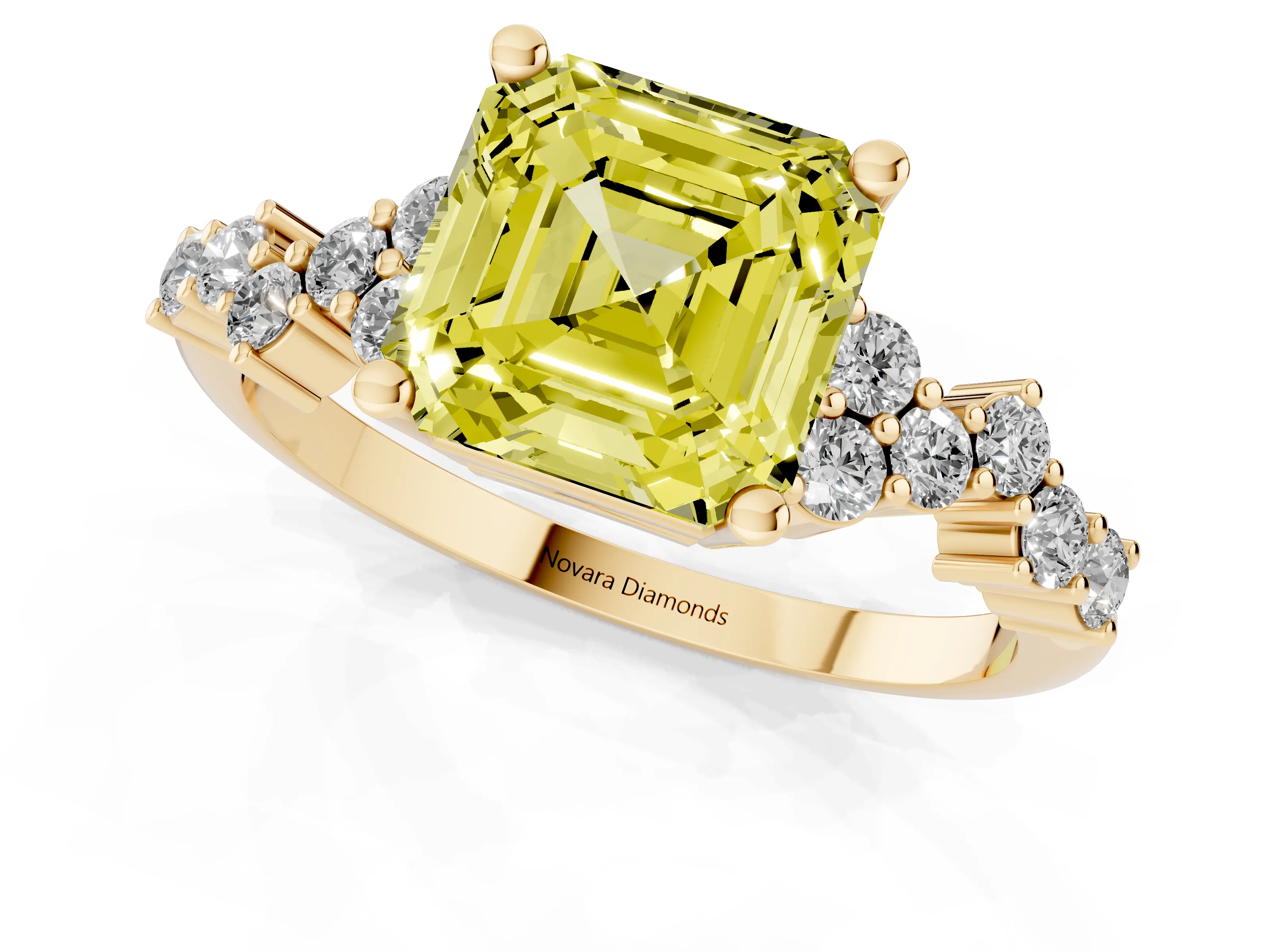 Fancy Yellow Asscher Cut Diamond Ring Set in Yellow gold with Scattered Round Accents